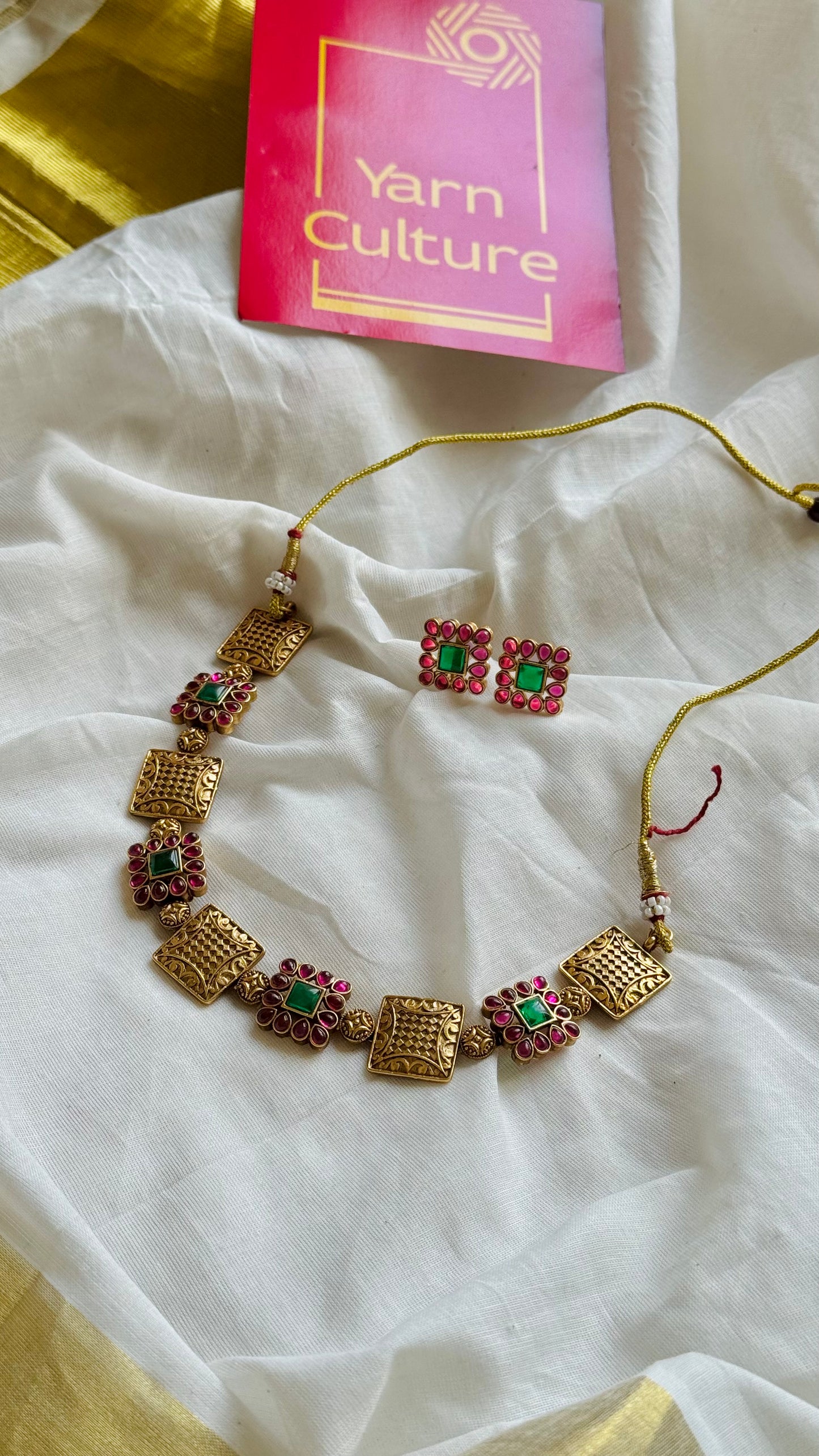 Ruby green kemp square pendant necklace with earrings - YCGPNP733