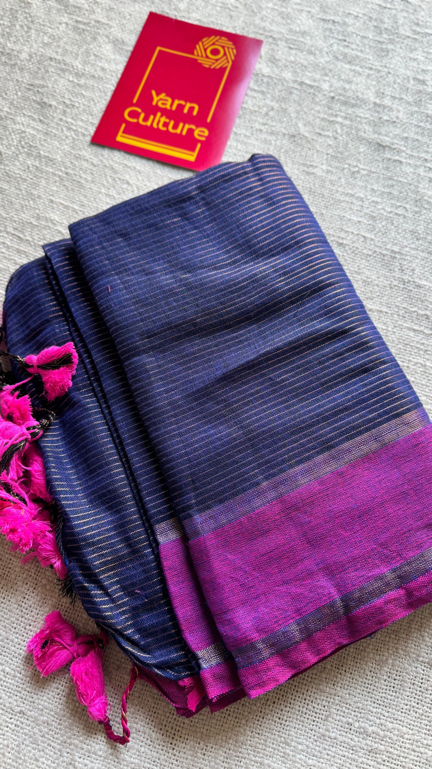 Dark blue with magenta gap border, gold zari stripes, soft cotton - YCBCKCZDE129