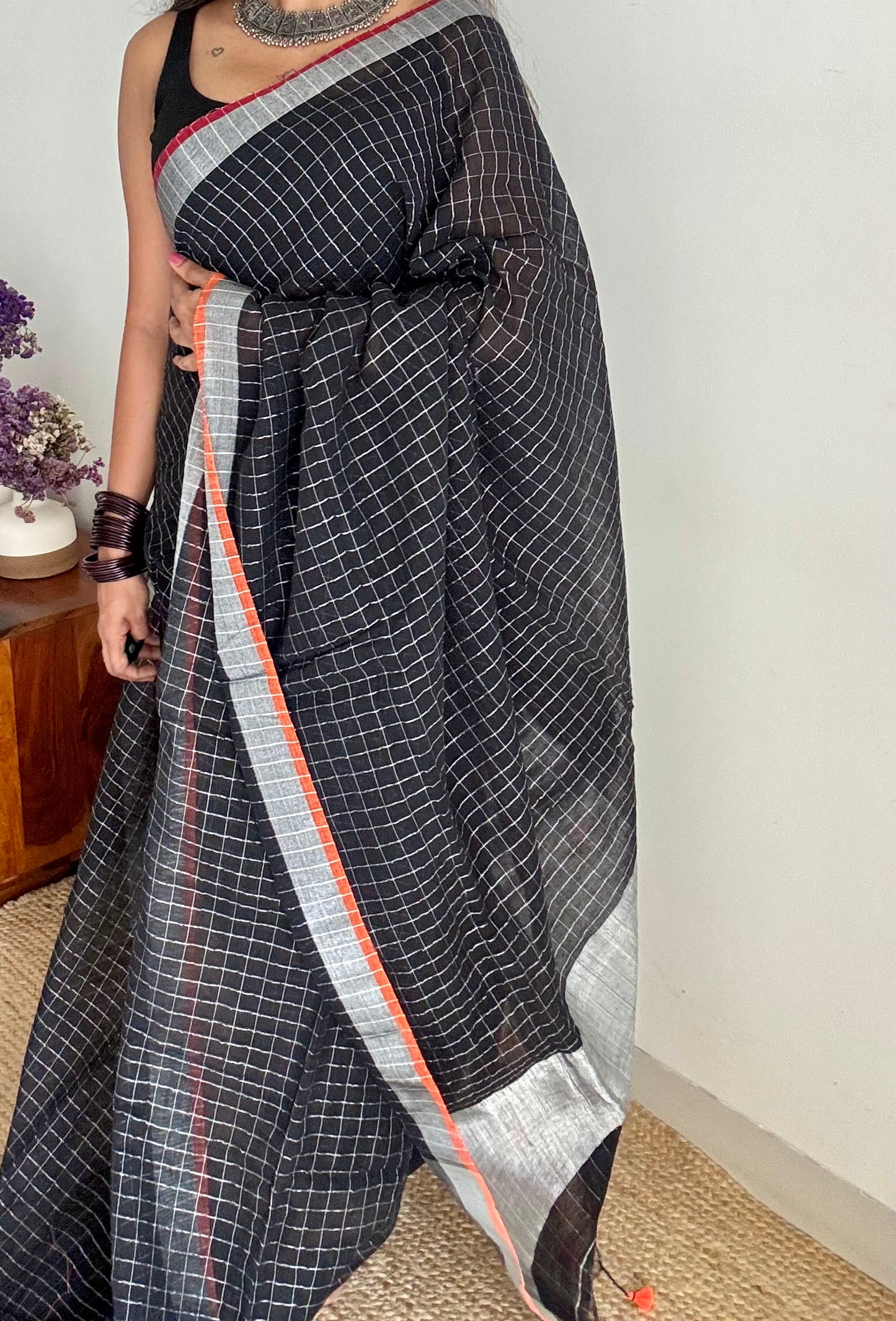 Black linen by cotton saree, silver checks & zari pallu - YCBCLCAP55