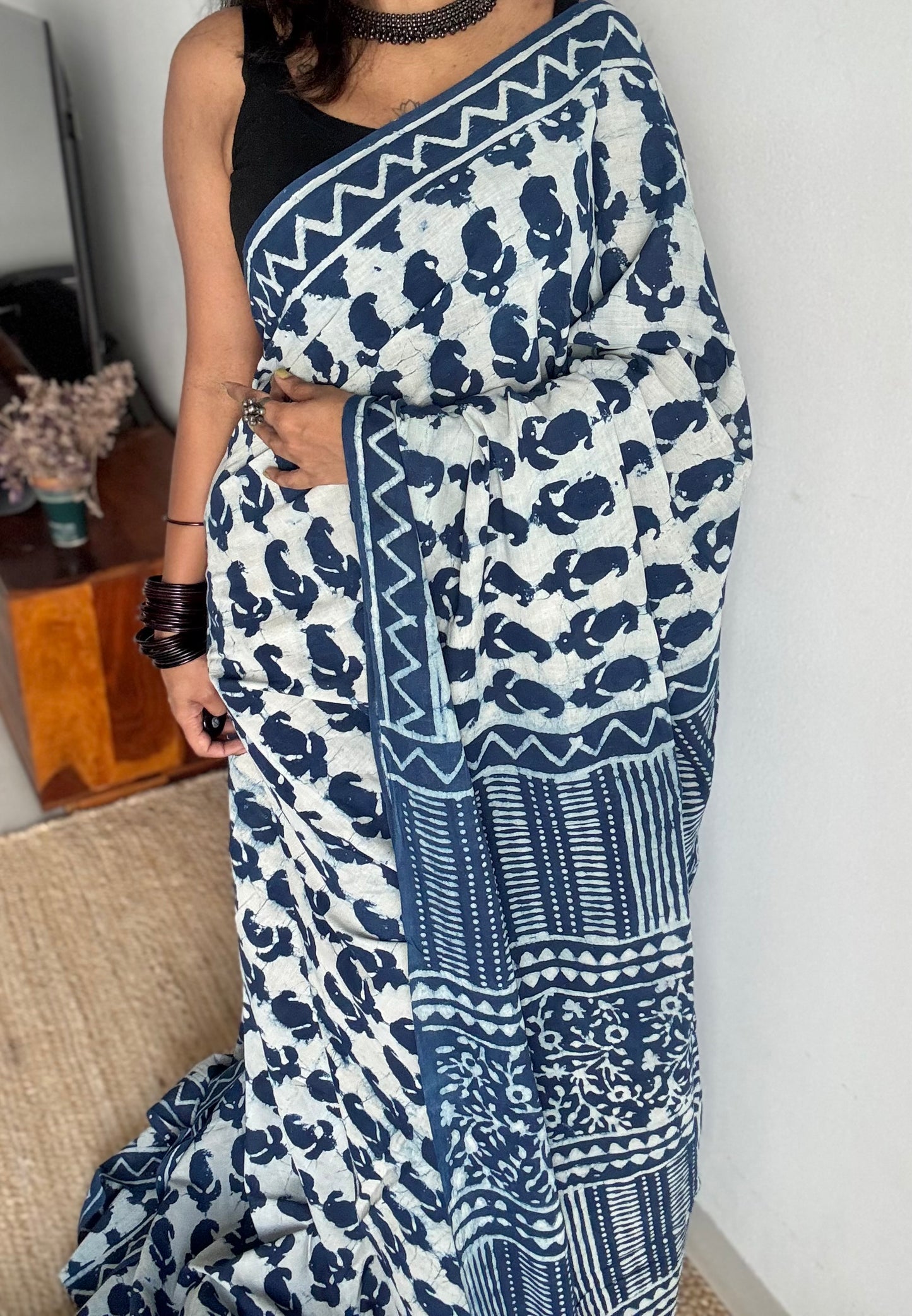 Nilaya - An abode of blue with indigo paisley motifs, block print, soft cotton - YCWOTDNOBP96