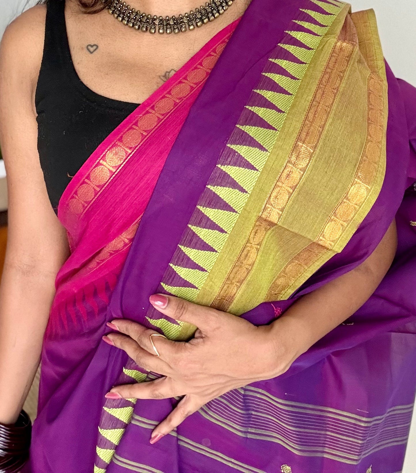 Kanchi cotton saree, purple with hot pink and lime green dual border - YCCOTNAP98