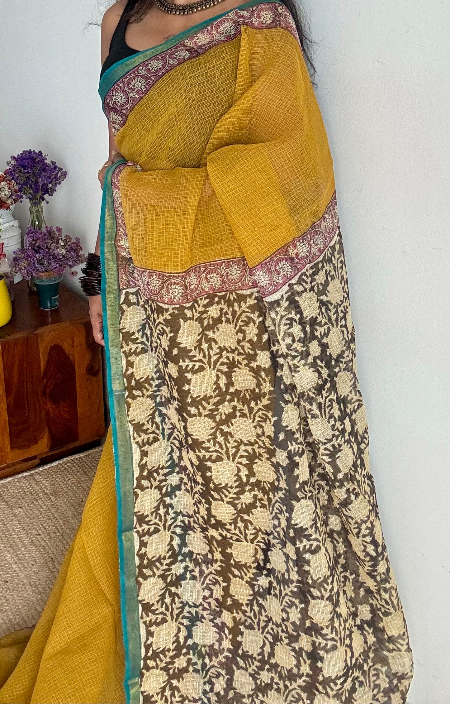 Haldi Pop - Mustard yellow kota doria saree, with gold zari border - YCTORKDAP07