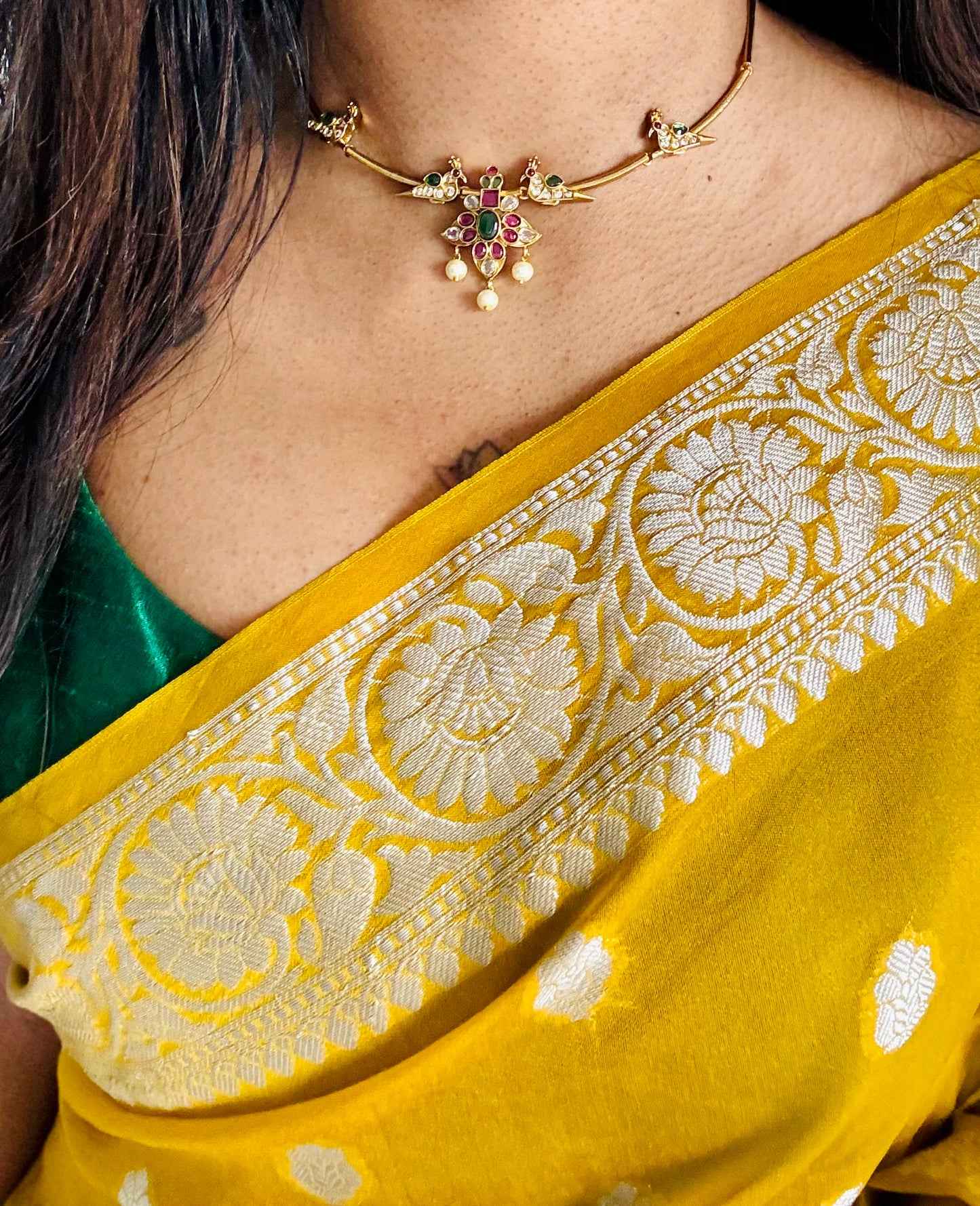 Green white ruby stones parrot hasli, floral pendant, with earrings - YCGPNP617