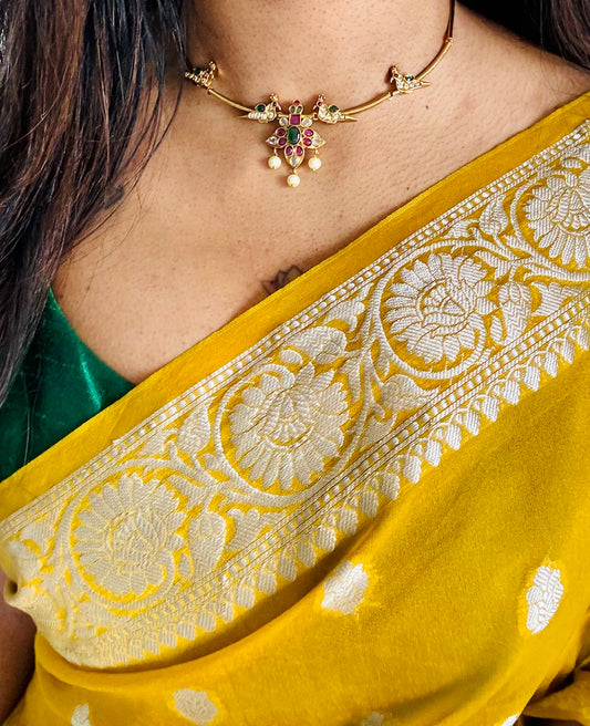 Green white ruby stones parrot hasli, floral pendant, with earrings - YCGPNP617