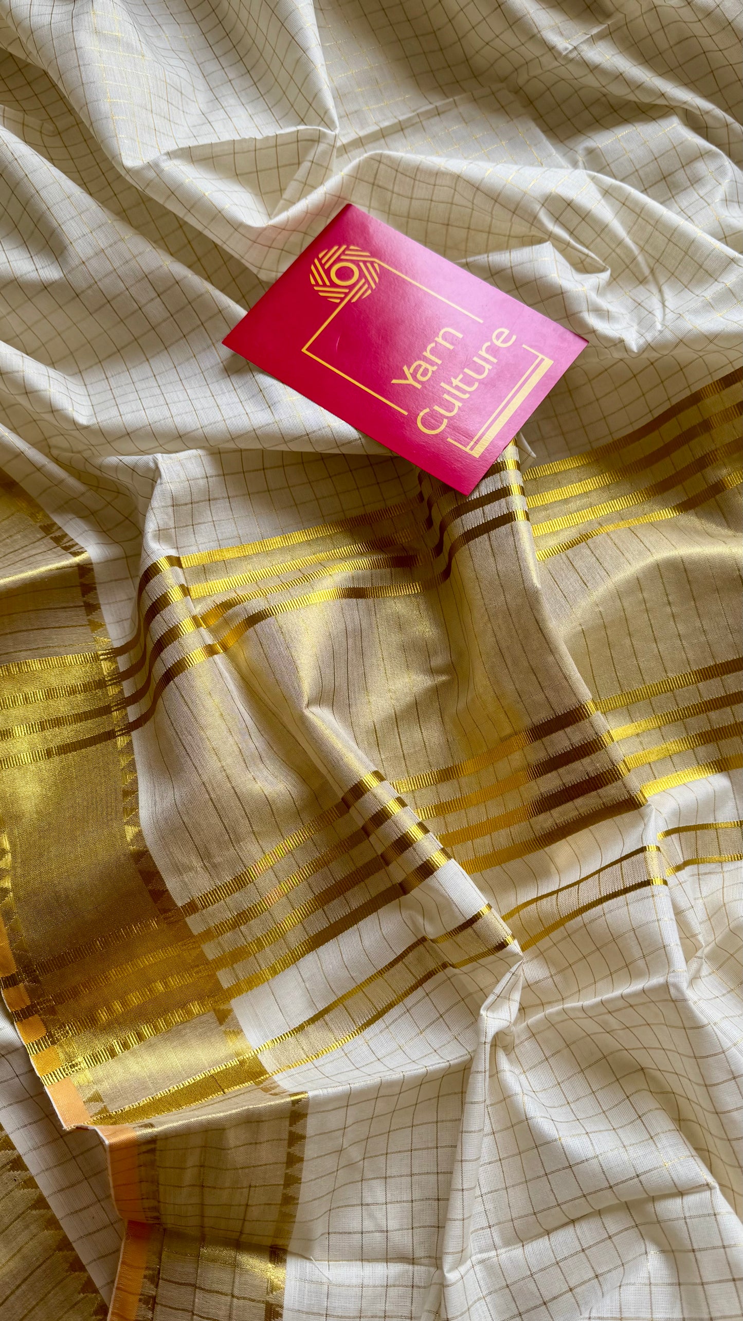 Ivory and gold soft cotton kasavu saree, small checks with temple border - YCIEON70