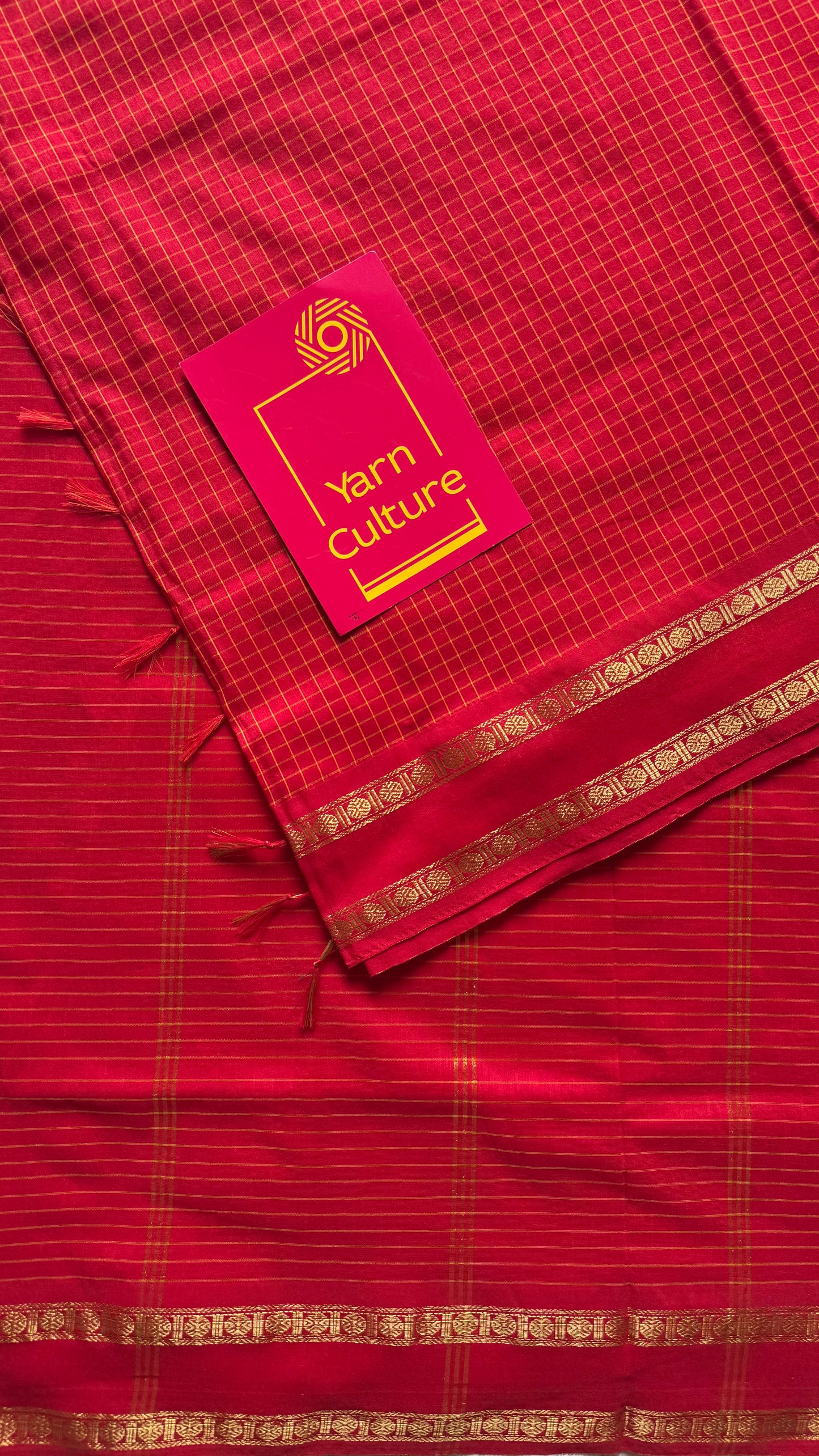 Chilli red arani checks saree, cotton silk - YCCOTNAUG20