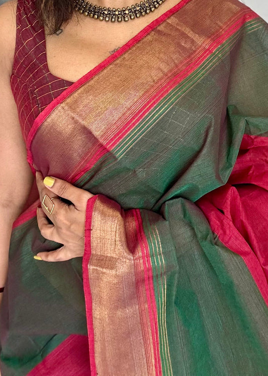 Chettinad cotton saree with zari border, lightweight breathable handloom cotton saree for summer and everyday wear, maroon and green saree