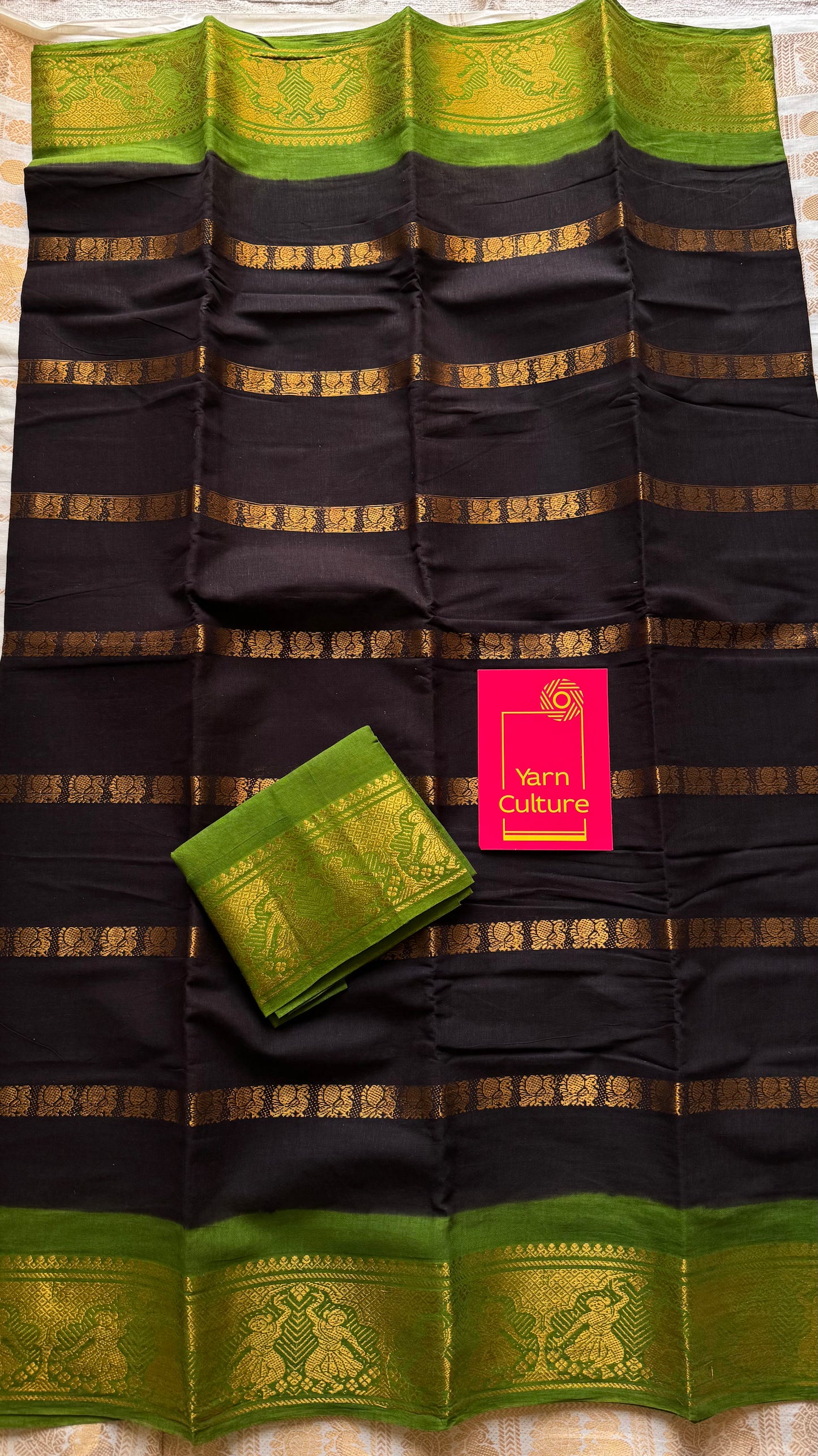 Black with green, multi peacock motif lines, kattuchayam dyed sungudi cotton - YCCOTNJUCC14