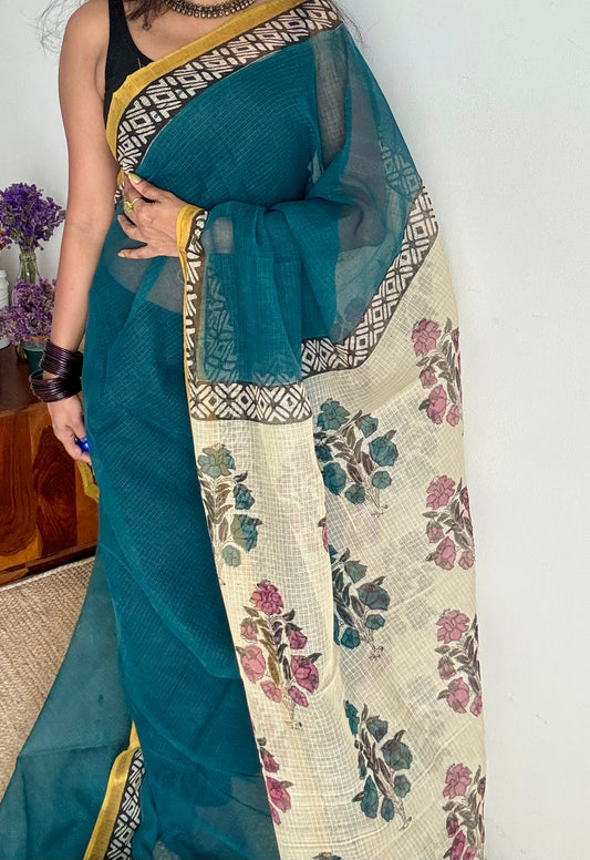 Teal Tadka - teal blue with yellow kota doria saree, with gold zari border - YCTORKDAP11