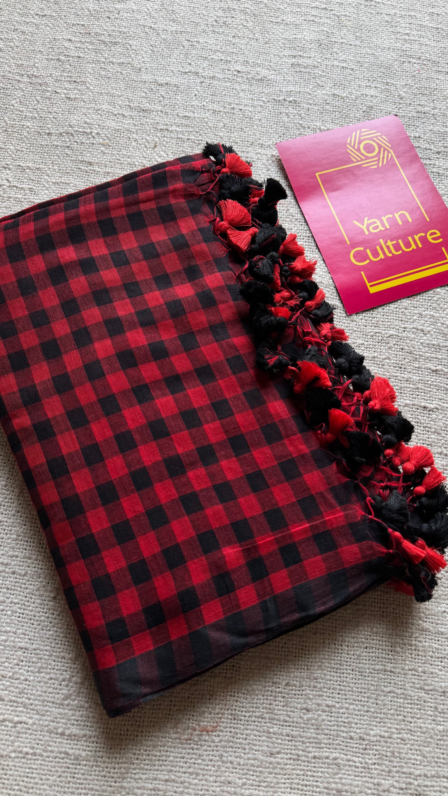 Red and black checkered mul cotton saree - YCBCMCFE220