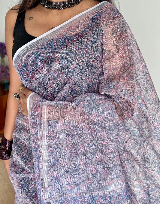 Lilac Chill Scene - soft lilac floral kota doria saree - YCTORKDAP01