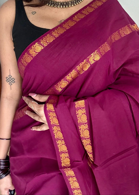 Dark purple pink (vadamalli) rettaipettu peacock double bordered, kattuchayam dyed madurai cotton saree  - YCCOTNMSJUL05