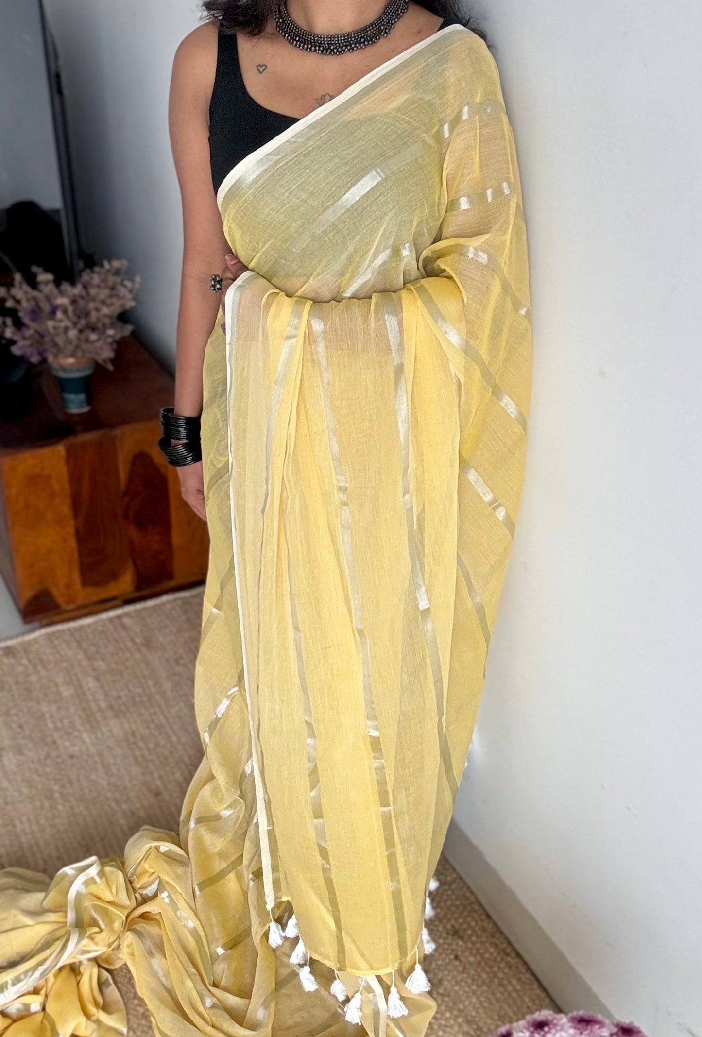 Butterscotch swirl - pastel yellow with silver zari stripes, mul cotton - YCBCJULMS03