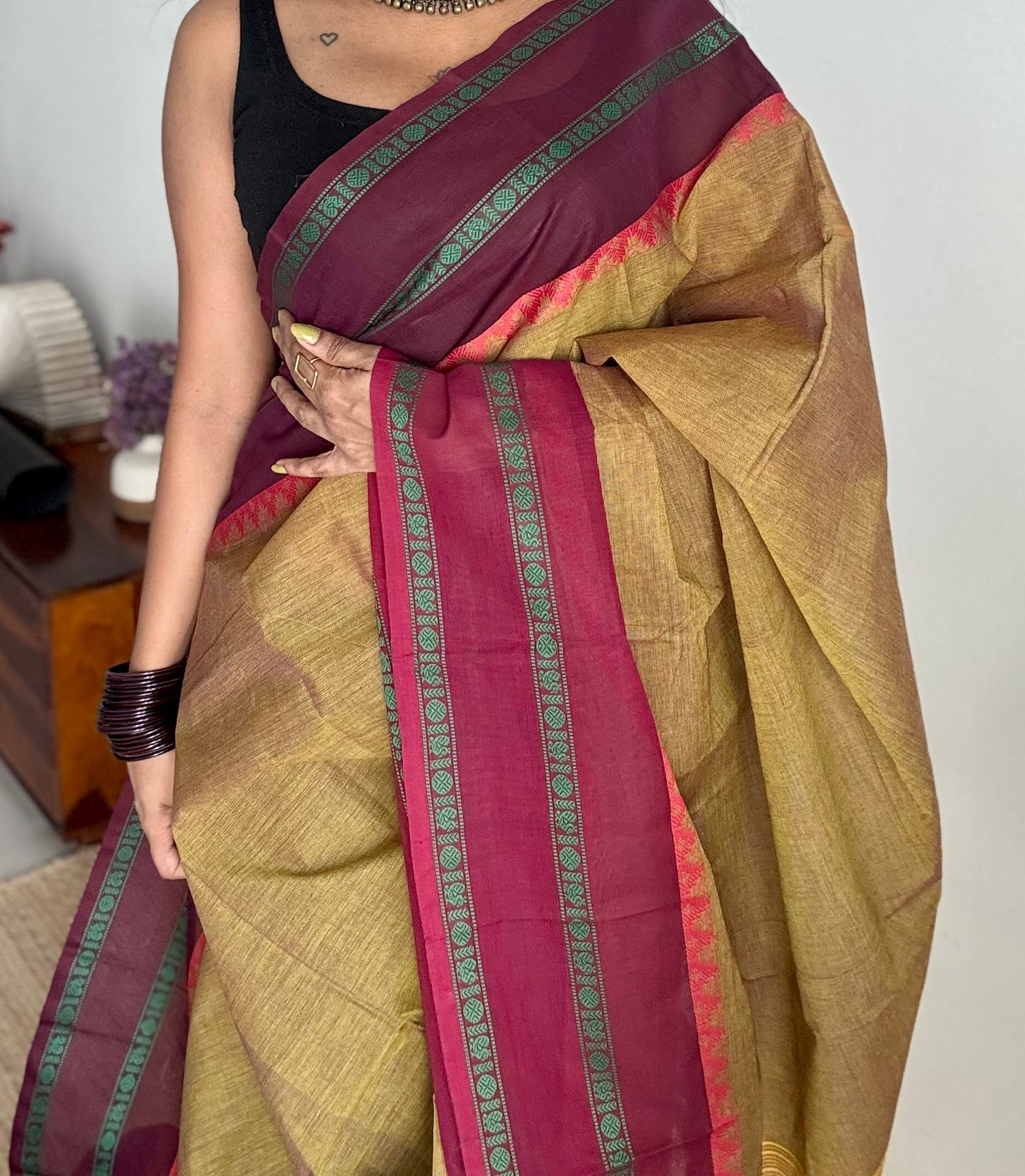 Chettinad cotton saree in ginger green with wine and maroon thread borders - YCCOTNJUCC12