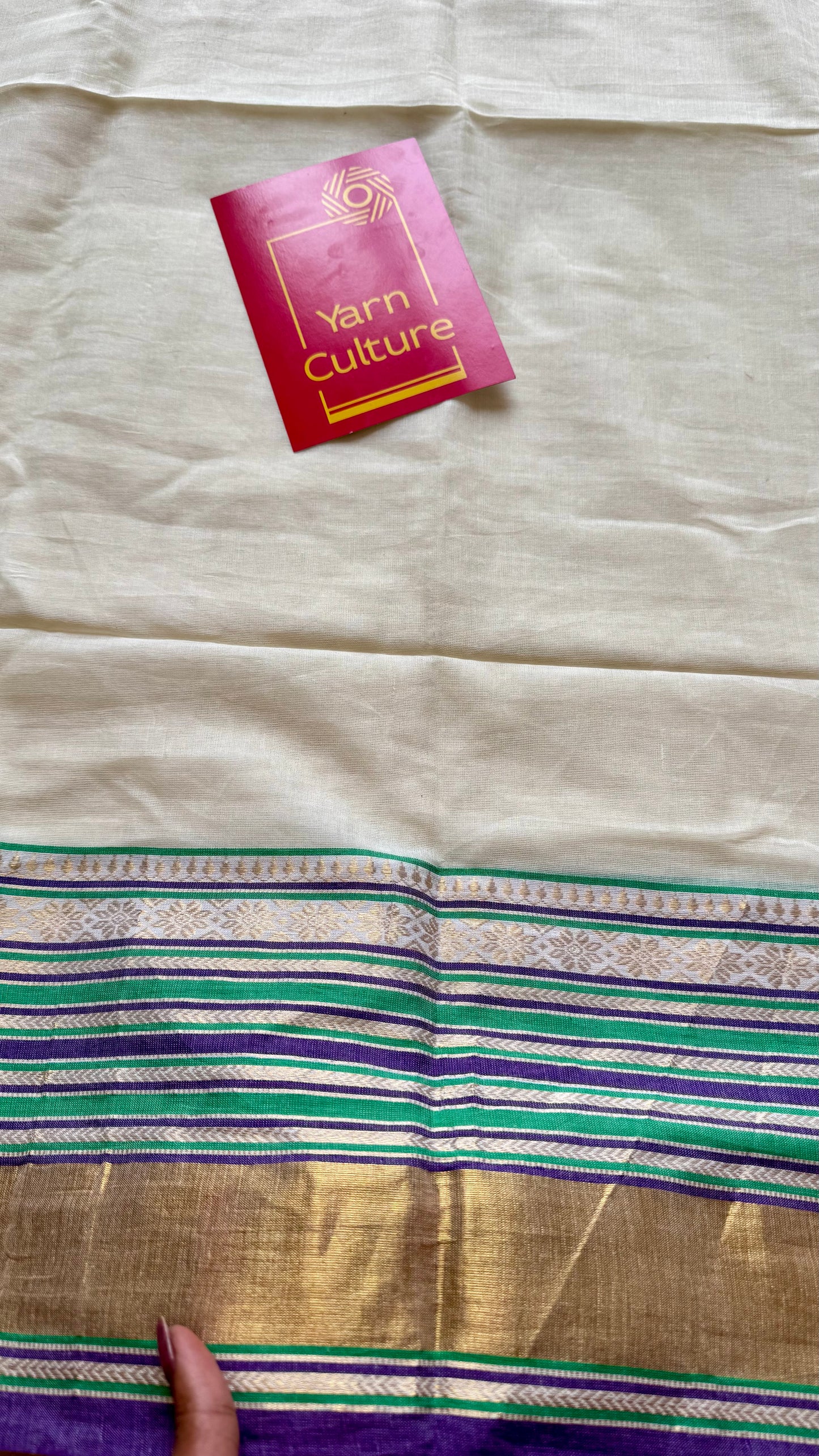 Ivory mul saree, purple, green and gold kanchi border - YCIEON29