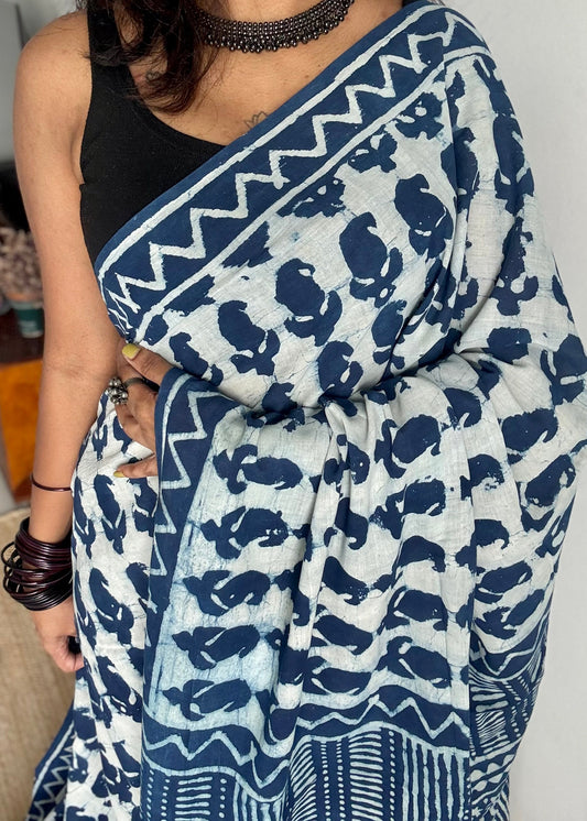 Nilaya - An abode of blue with indigo paisley motifs, block print, soft cotton - YCWOTDNOBP96