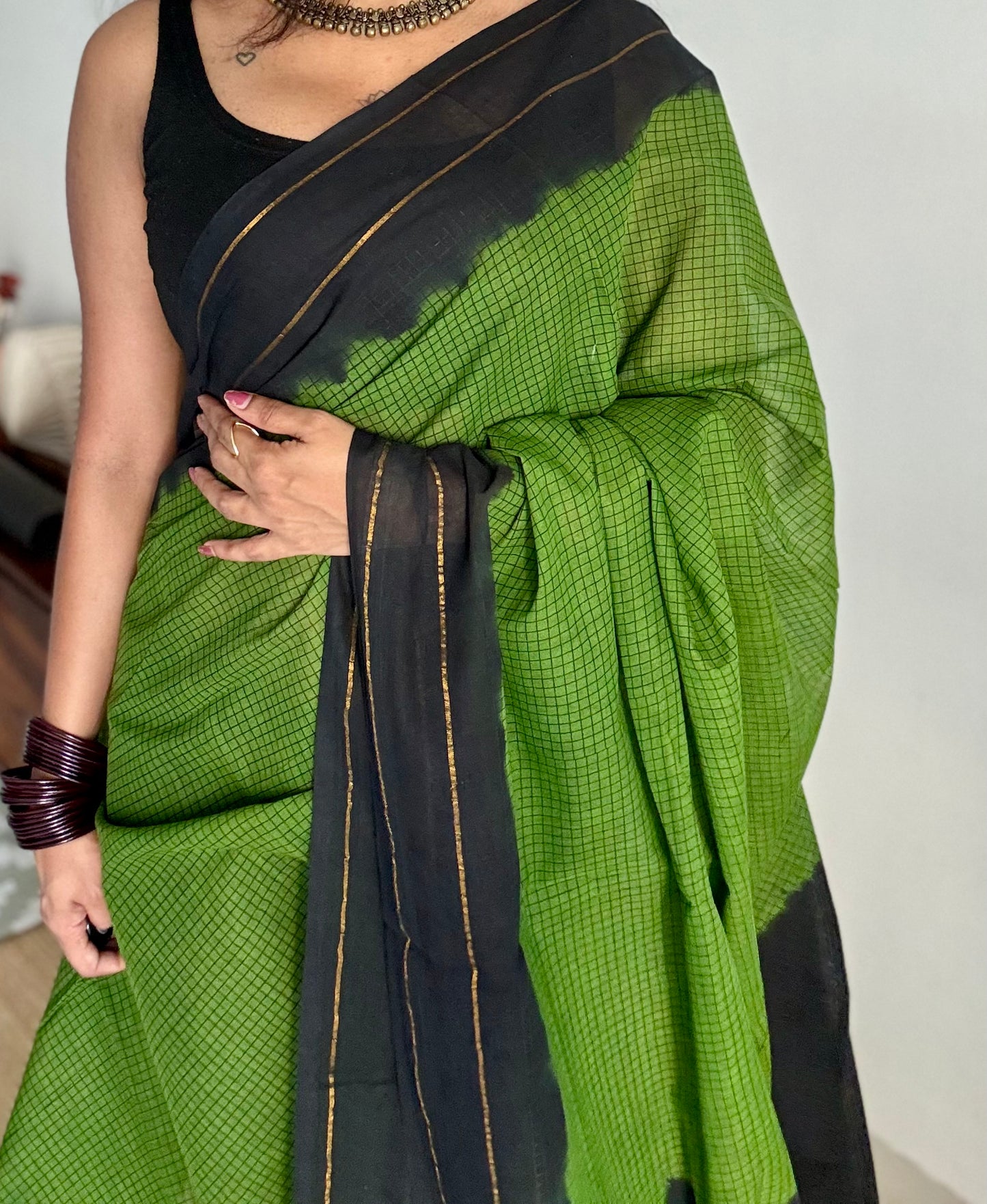 Green with black contrast, checkered kattuchayam dyed madurai cotton saree - YCCOTNMA233