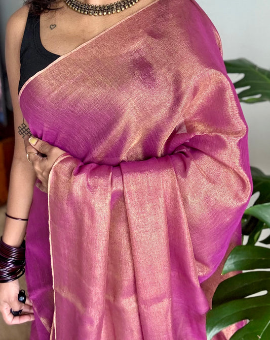 Light purple pink with gold, dual tone metallic tissue linen saree - YCBCLTOC55