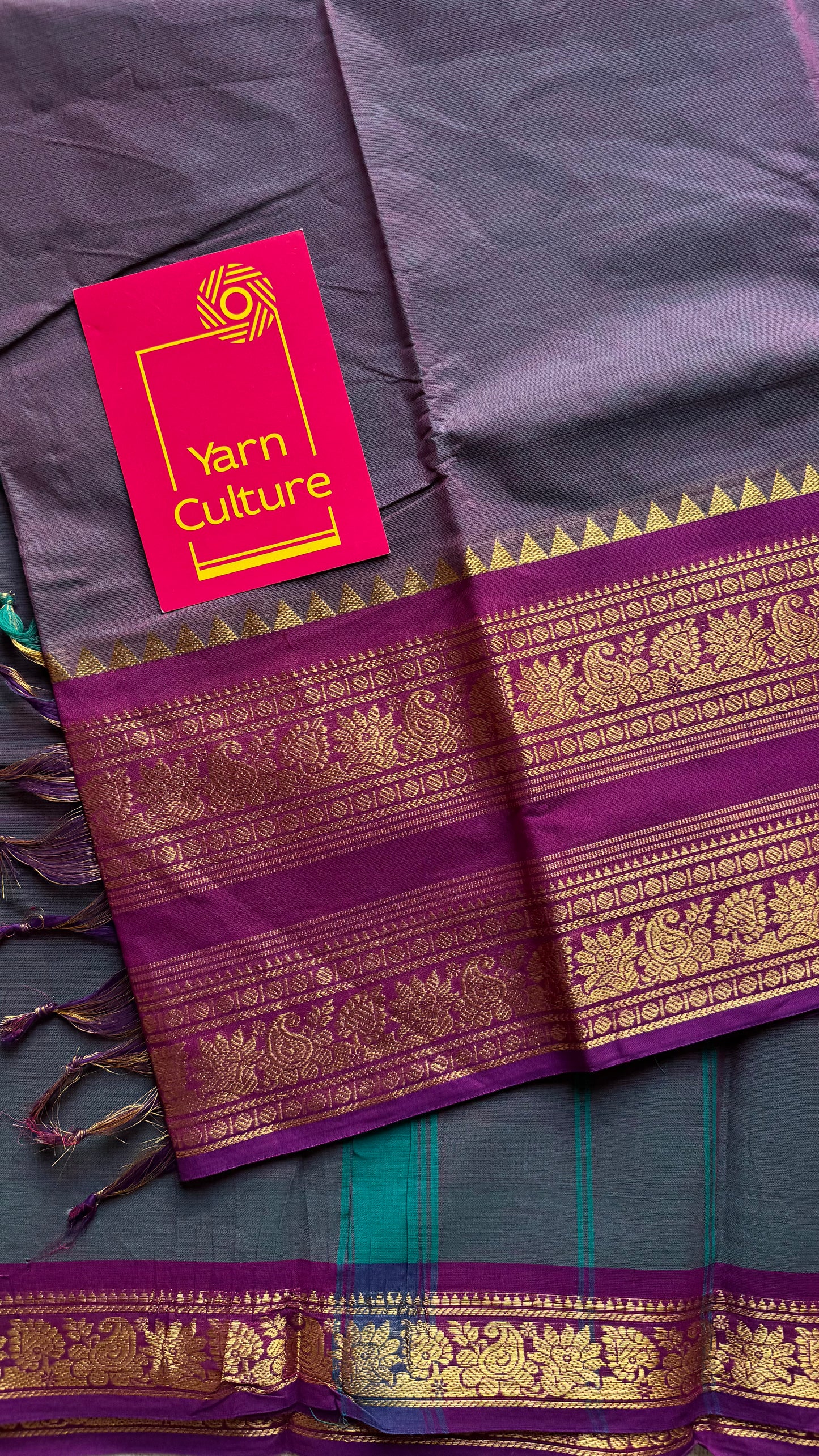 Dual tone grey with magenta, wide zari border, kanchi cotton - YCCOTNKCJA215