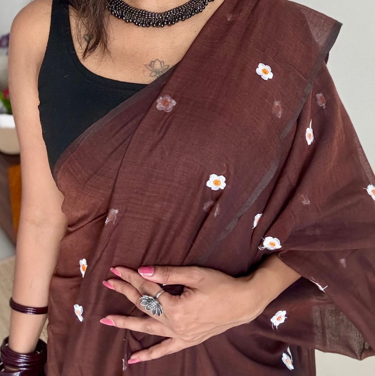 Brown with white floral embroidered mul cotton saree  - YCBCMCAP42