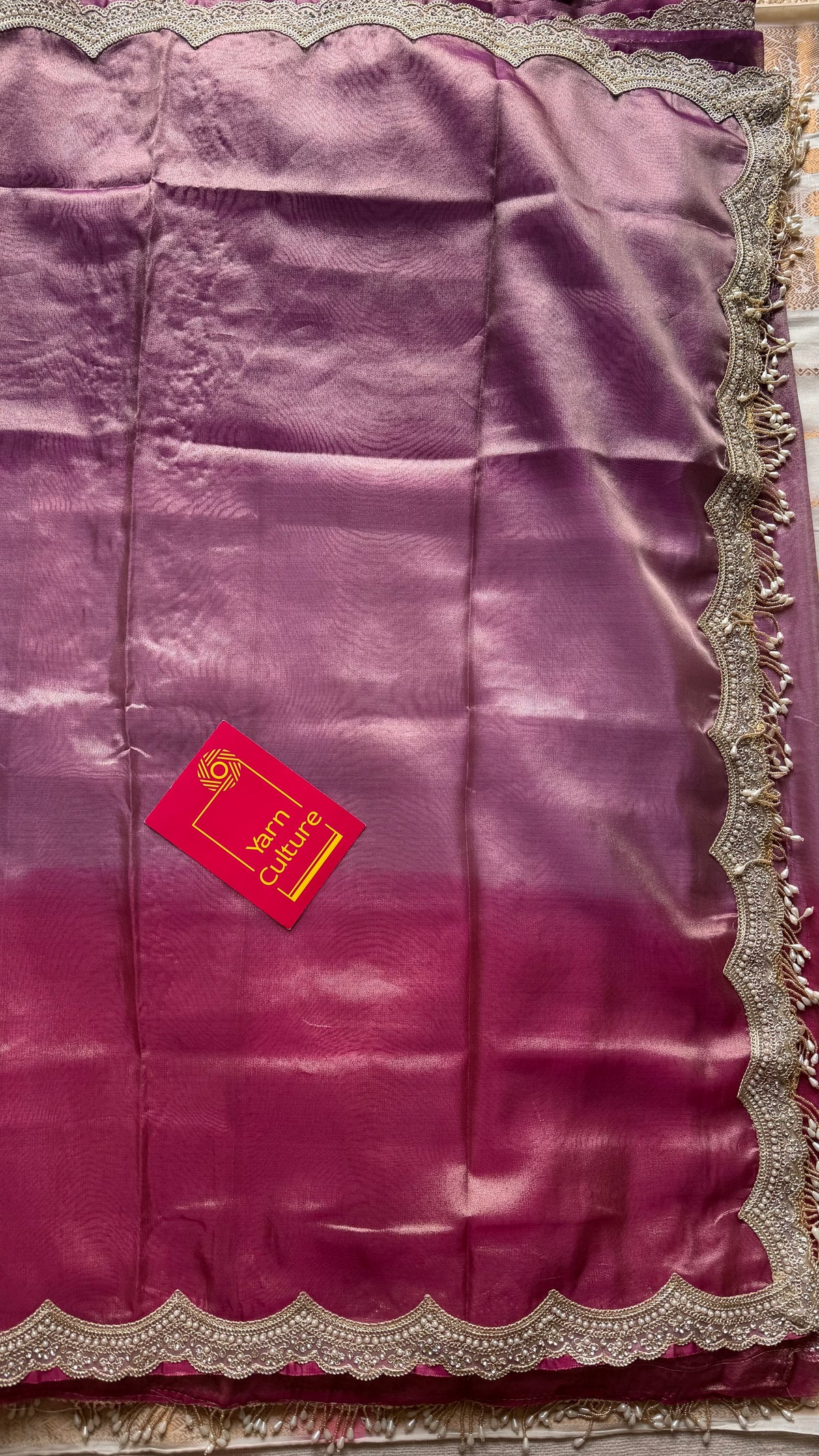 Pink and purple tissue Banarasi saree with embellished pearl lace border - YCBLTOC74
