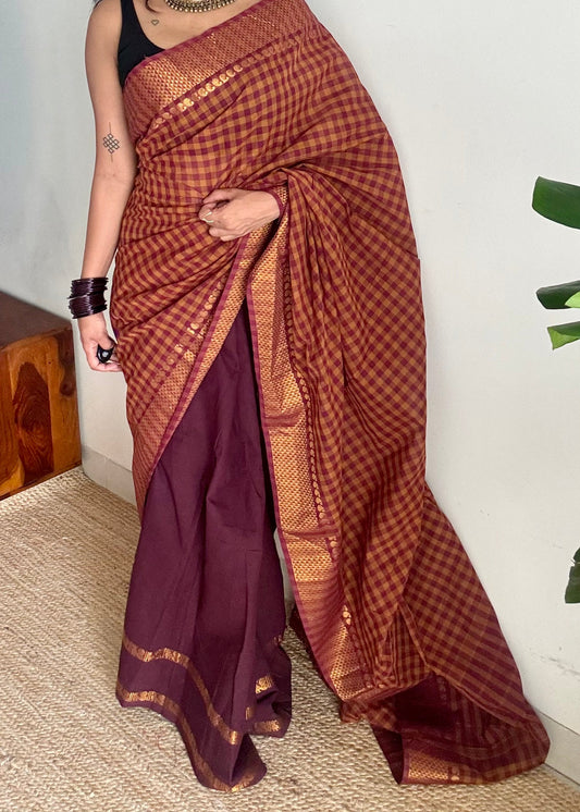 Maroon with rust orange and maroon, with sungudi and chettinad cotton half-half saree - YCCOTNIDOC41