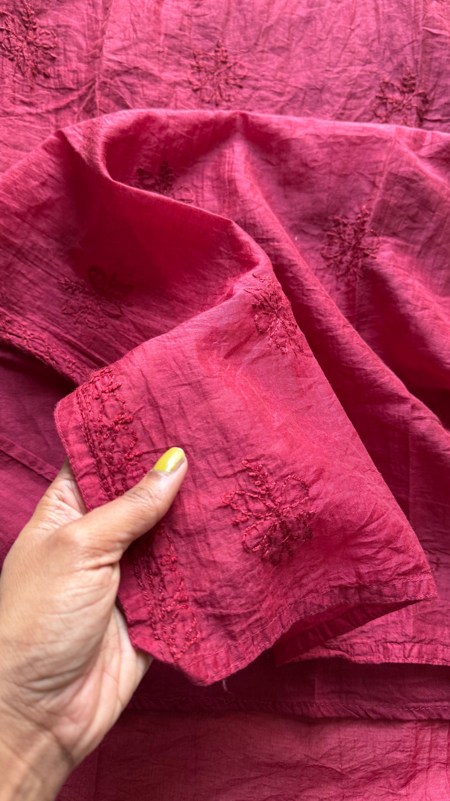 Deep carmine muslin chanderi chikankari with bakhiya work, stitched kurta, round neck, three fourth sleeves - YCSECK21