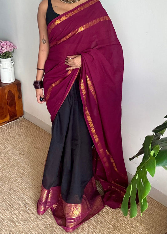 Purple pink (vadamalli) with black, sungudi and chettinad cotton half and half saree - YCCOTNIDOC129