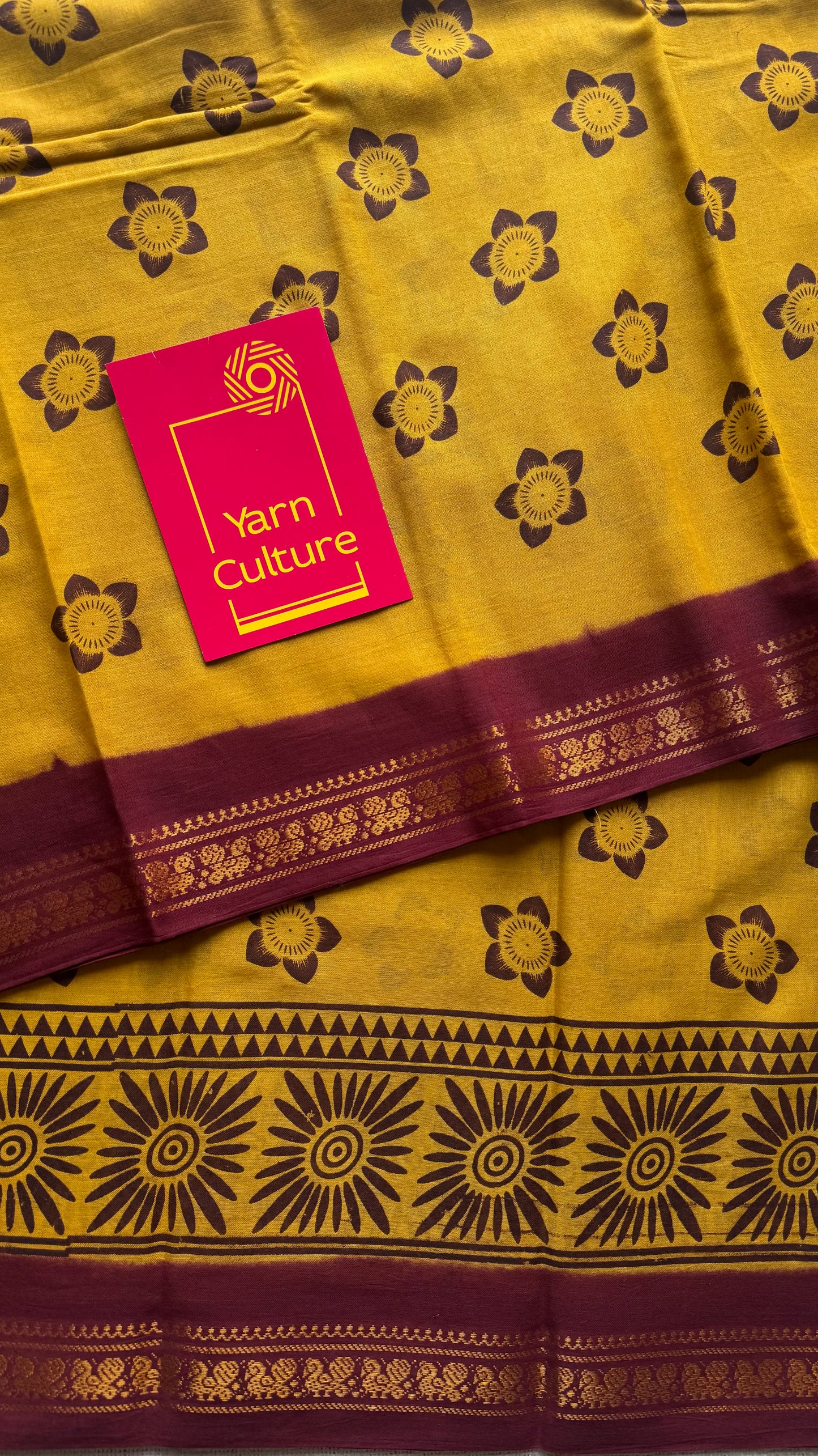 Yellow with maroon, motif printed, kattuchayam dyed madurai sungudi cotton saree - YCCOTNMSFE74
