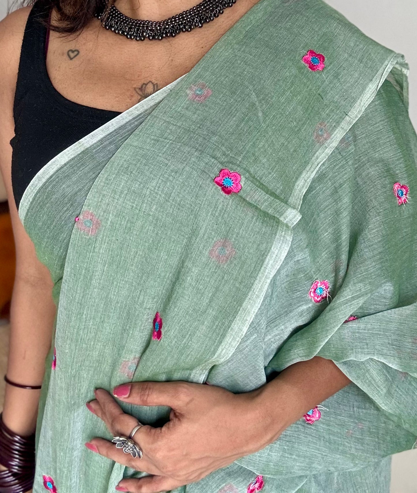 Mint green with dark pink floral embroidered mul cotton saree  - YCBCMCAP46