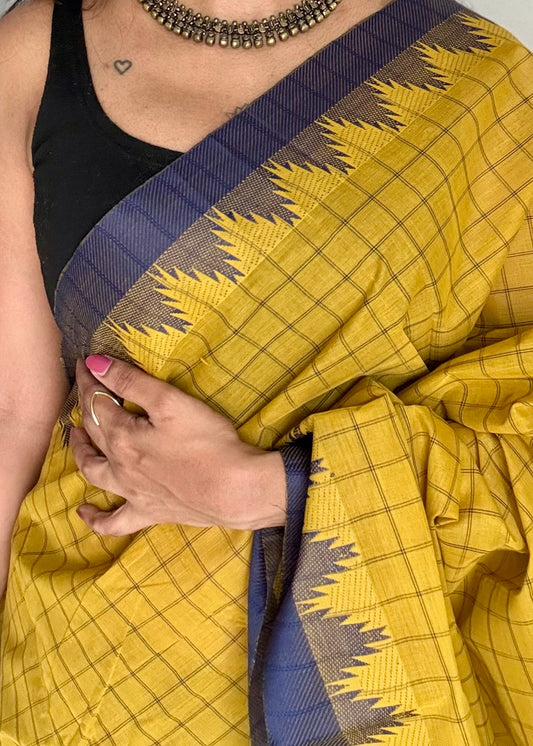 Chettinad cotton saree with lime green and navy blue checks, temple motif border - YCCOTNAP70