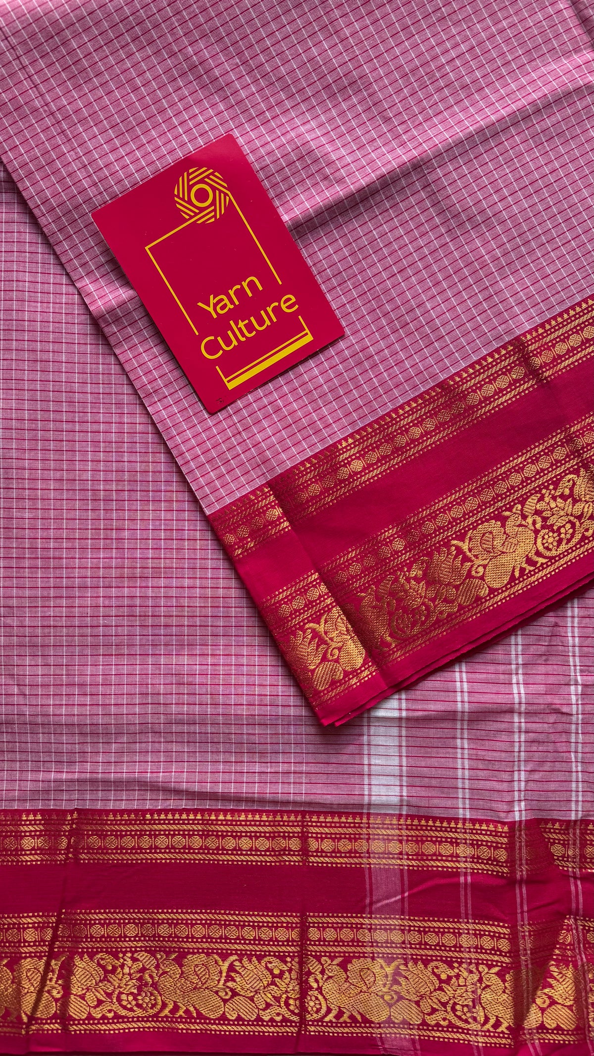 Pink checks with hot pink zari border kanchi cotton saree - YCCOTNCKSE21