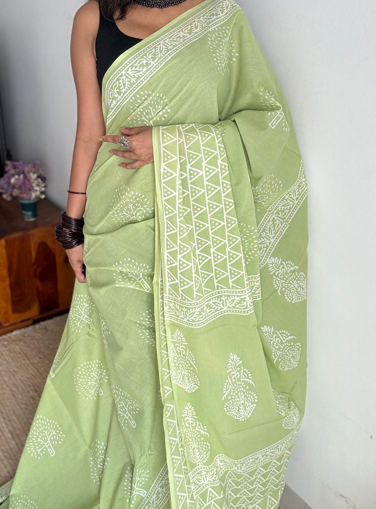 Pista green with off white tree motifs, block printed soft cotton saree - YCTORCMA19