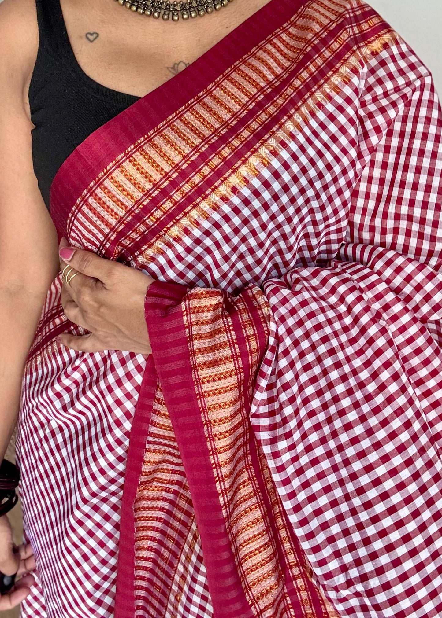 llkal maroon and white checks with chikki paras border, soft cotton with art silk blend - YCLOKICAP230