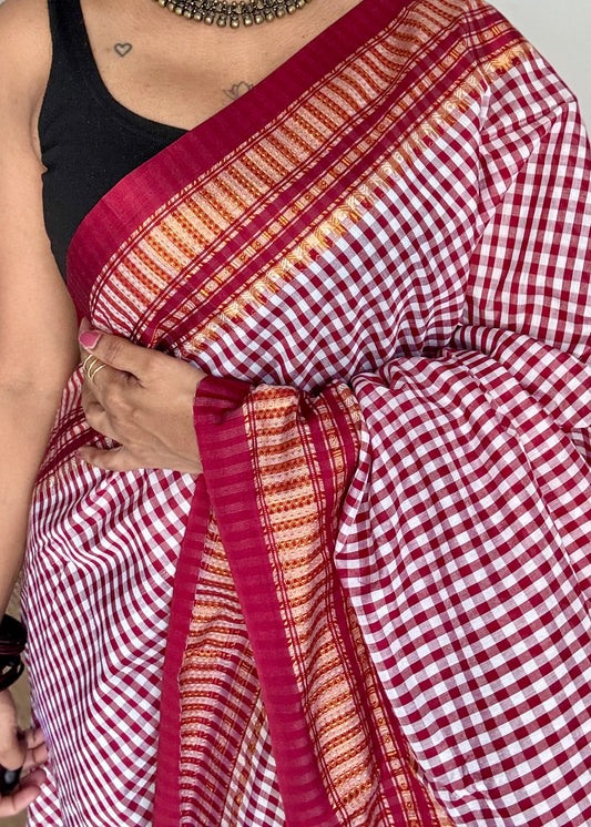 llkal maroon and white checks with chikki paras border, soft cotton - YCLOKICAP230