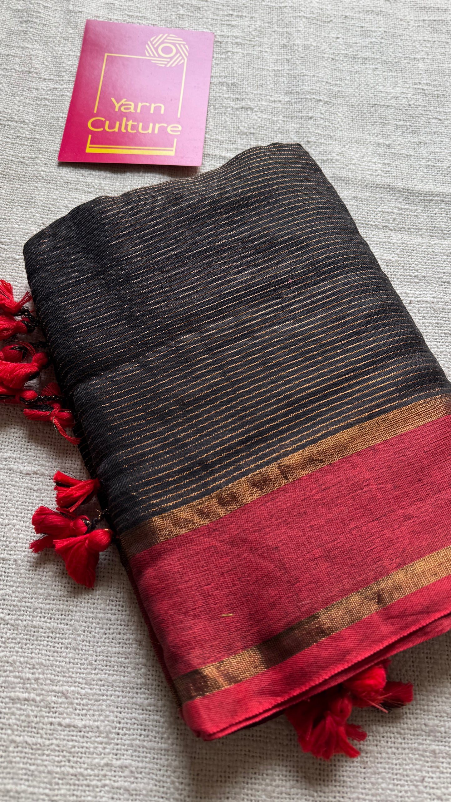 Black with red gap border, gold zari stripes, soft cotton - YCBCKCZDE133