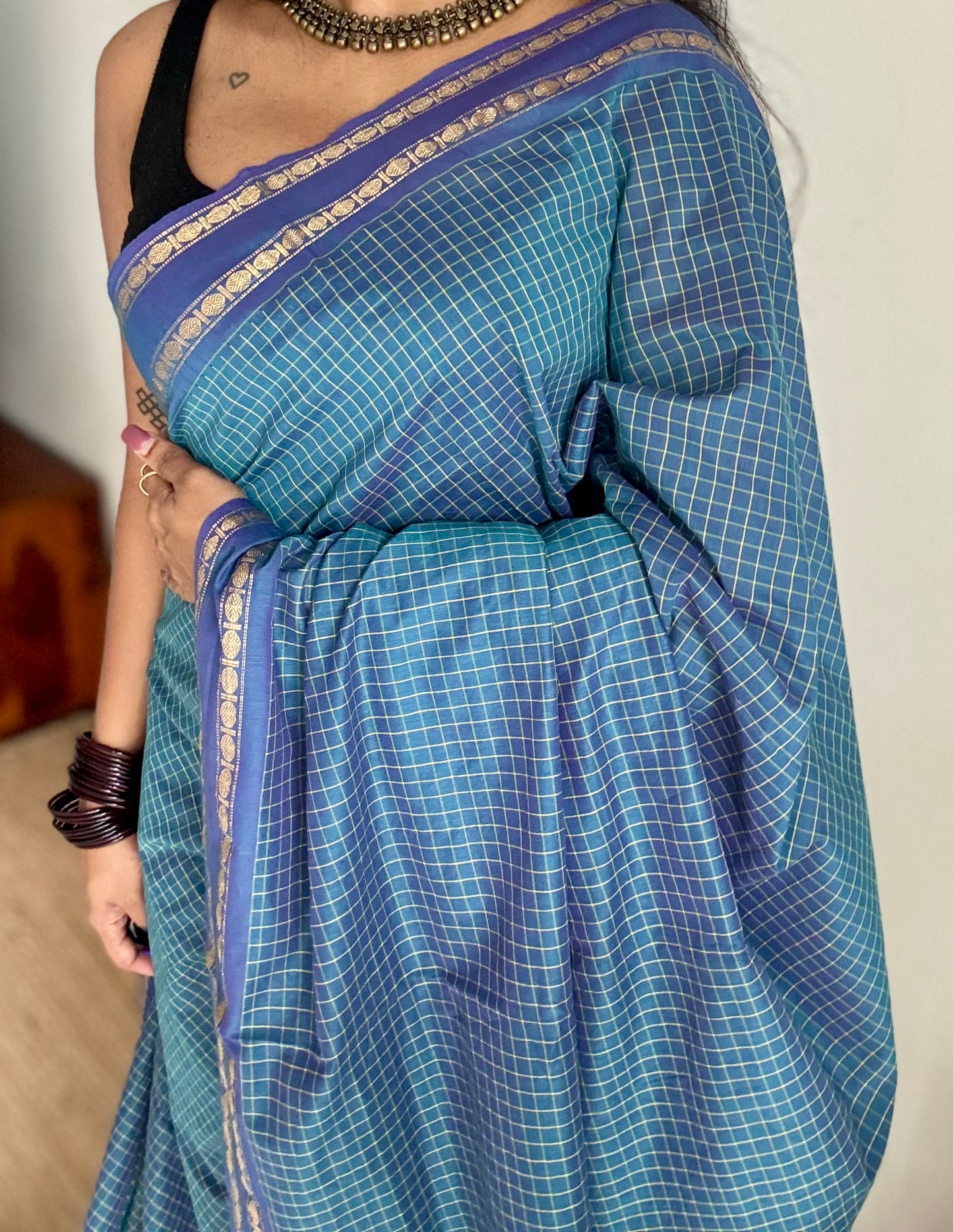 Peacock blue, arani checks saree, cotton silk - YCCOTNAUG21