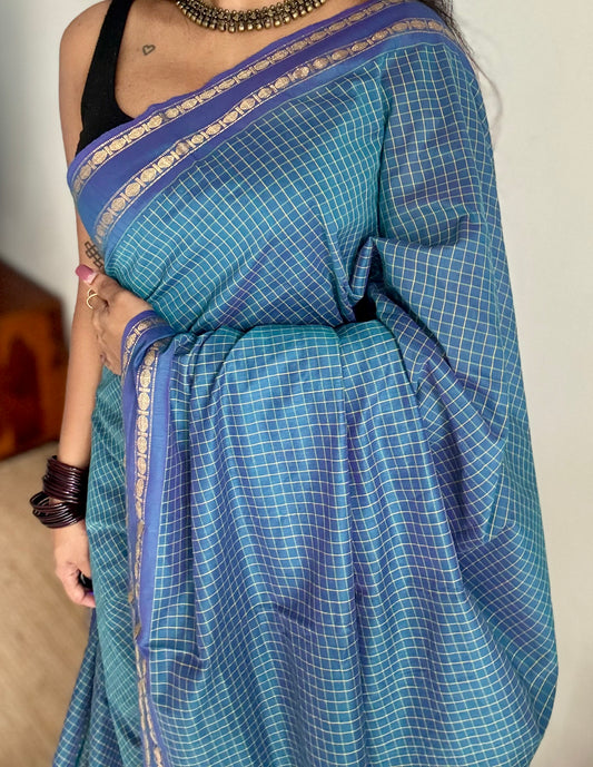 Peacock blue, arani checks saree, cotton silk - YCCOTNAUG21