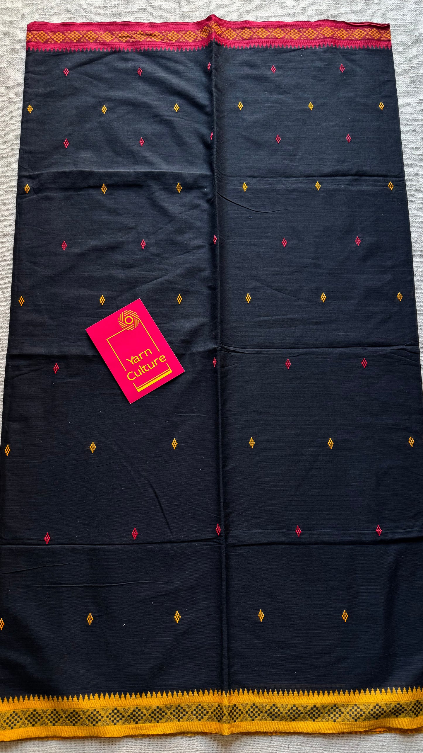 Dhonekhali handloom soft cotton saree, black with red and yellow woven buttas and border - YCBCDFE259