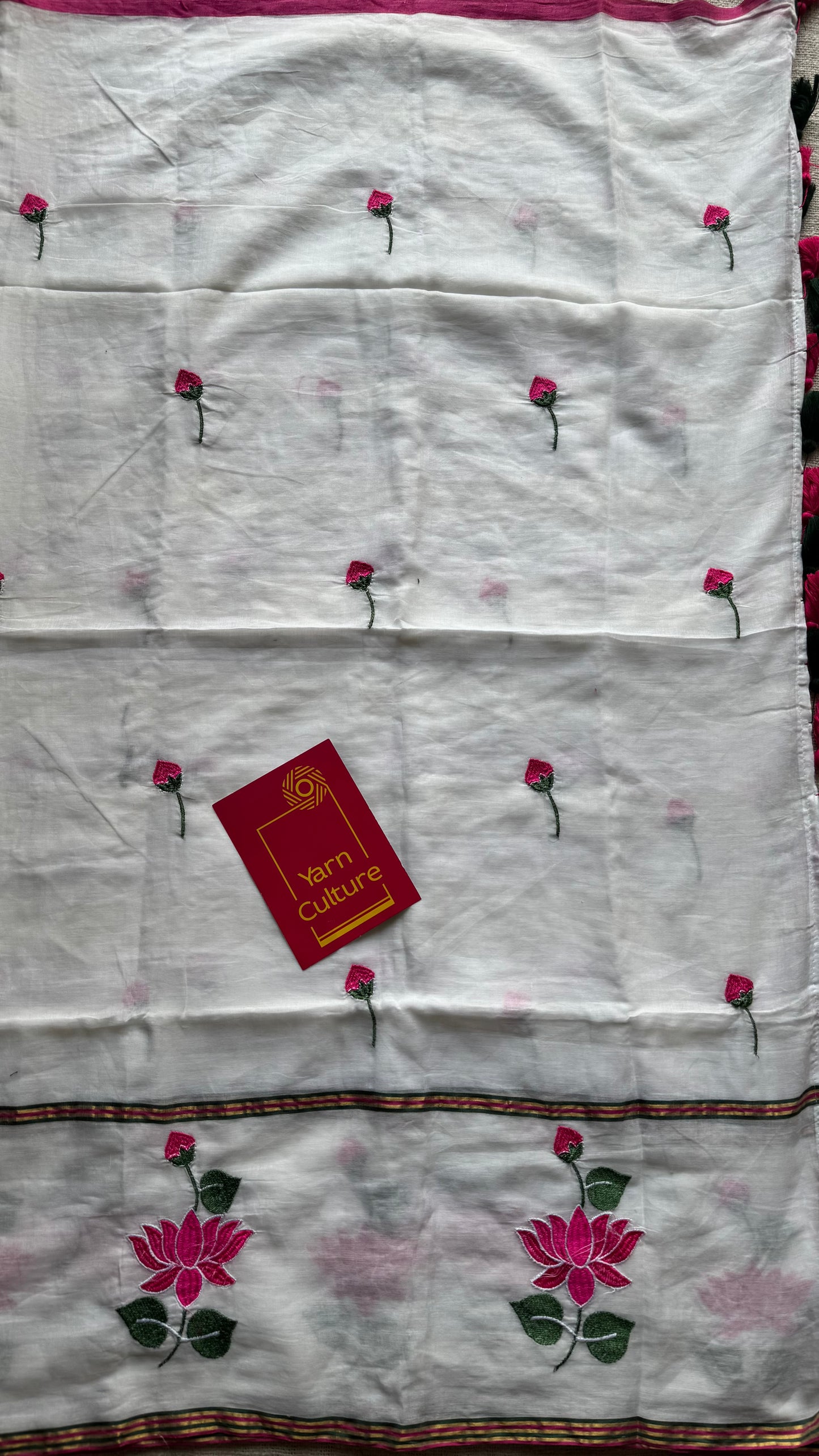 White mul with pink lotus embroidery and coloured zari - YCBCMCNO63