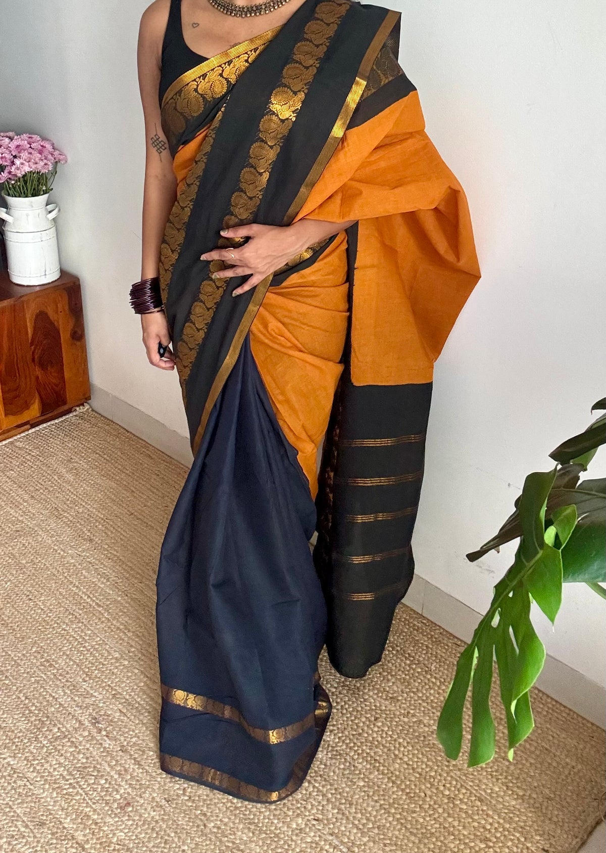 Turmeric yellow with black, cotton half and half saree - YCCOTNIDOC138