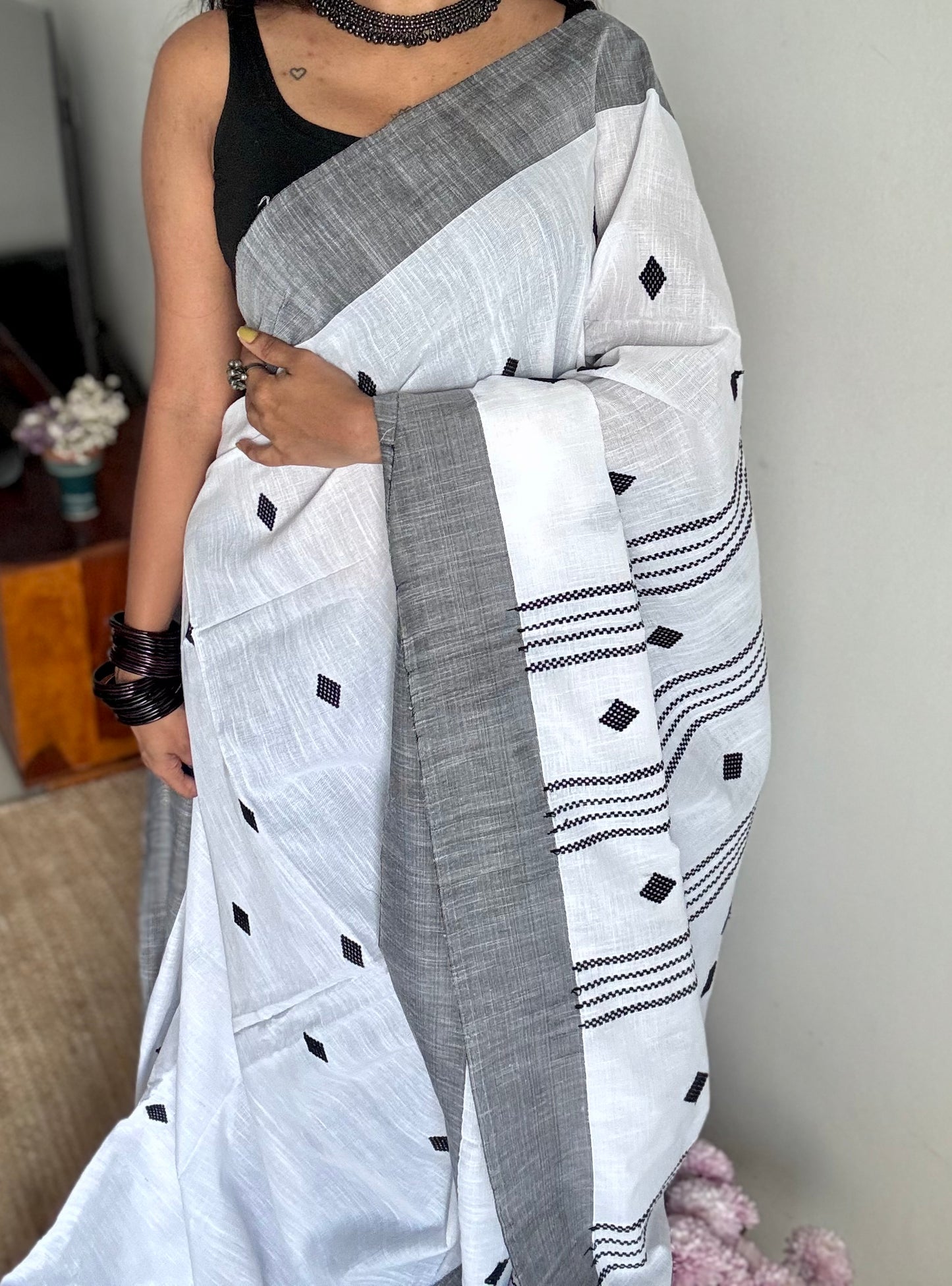 White with black, soft khadi cotton with woven motifs - YCBCKCDE23