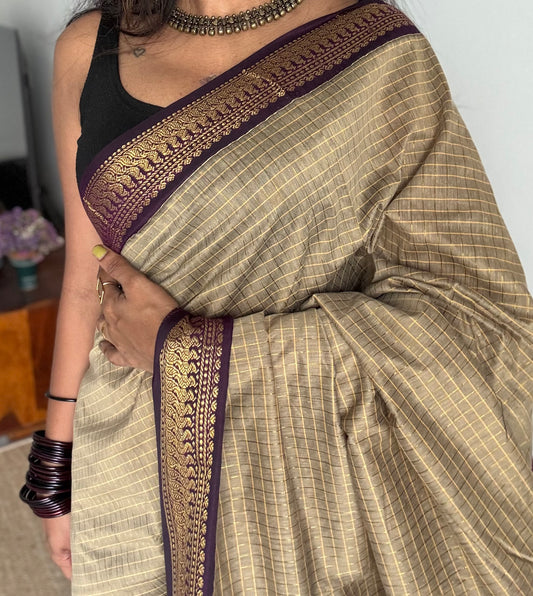 Grey with wine, checkered saree, cotton silk - YCCOTNKCFE64