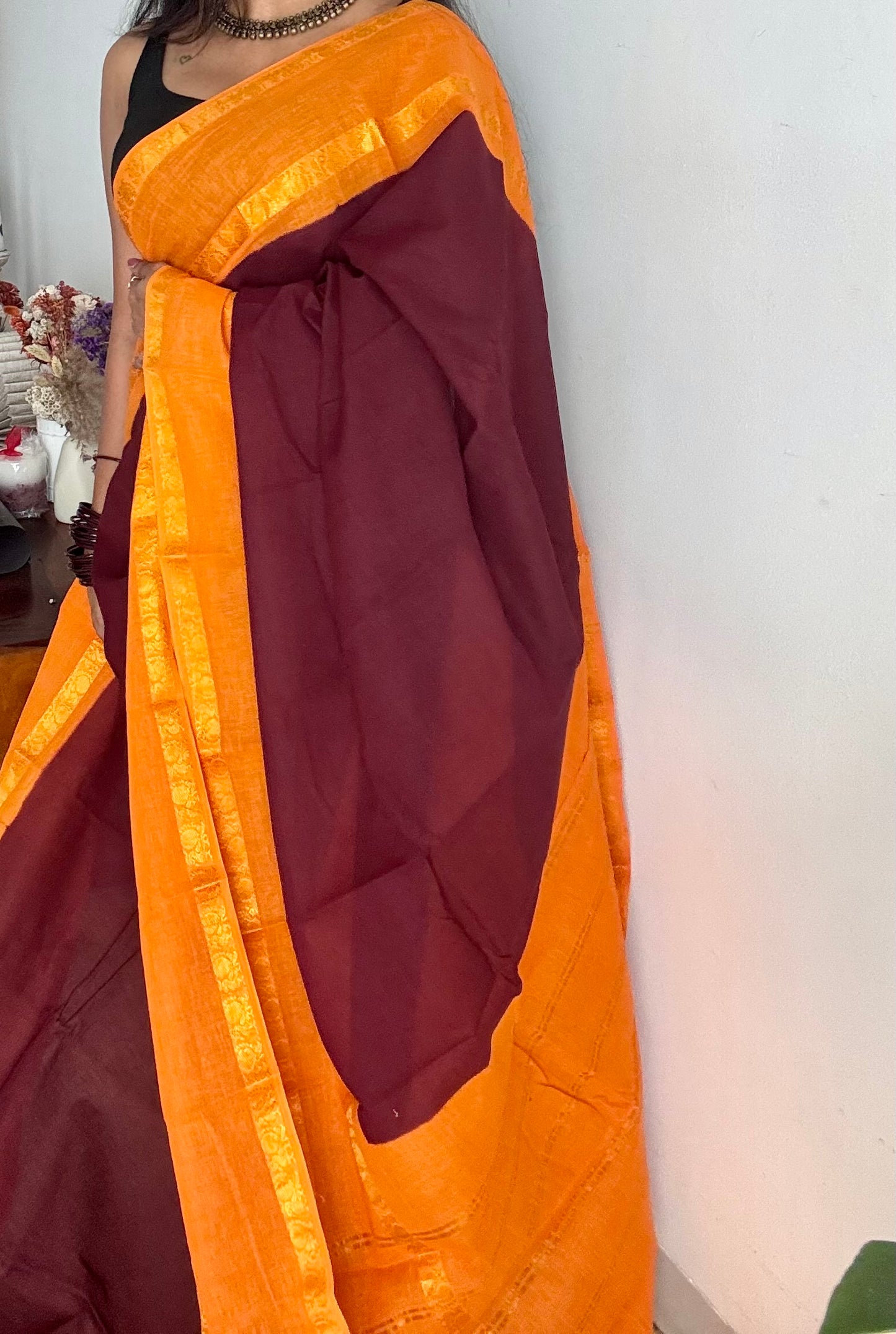 Maroon with light orange rettaipettu peacock double border, madurai soft cotton - YCCOTNMSAP205