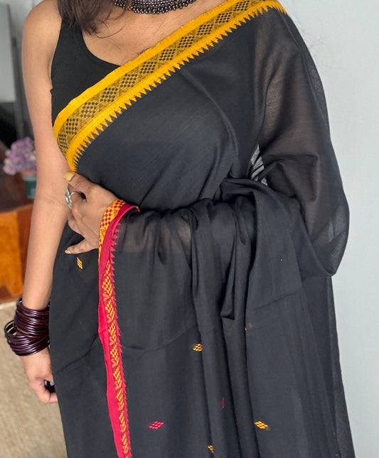 Dhonekhali handloom soft cotton saree, black with red and yellow woven buttas and border - YCBCDFE259