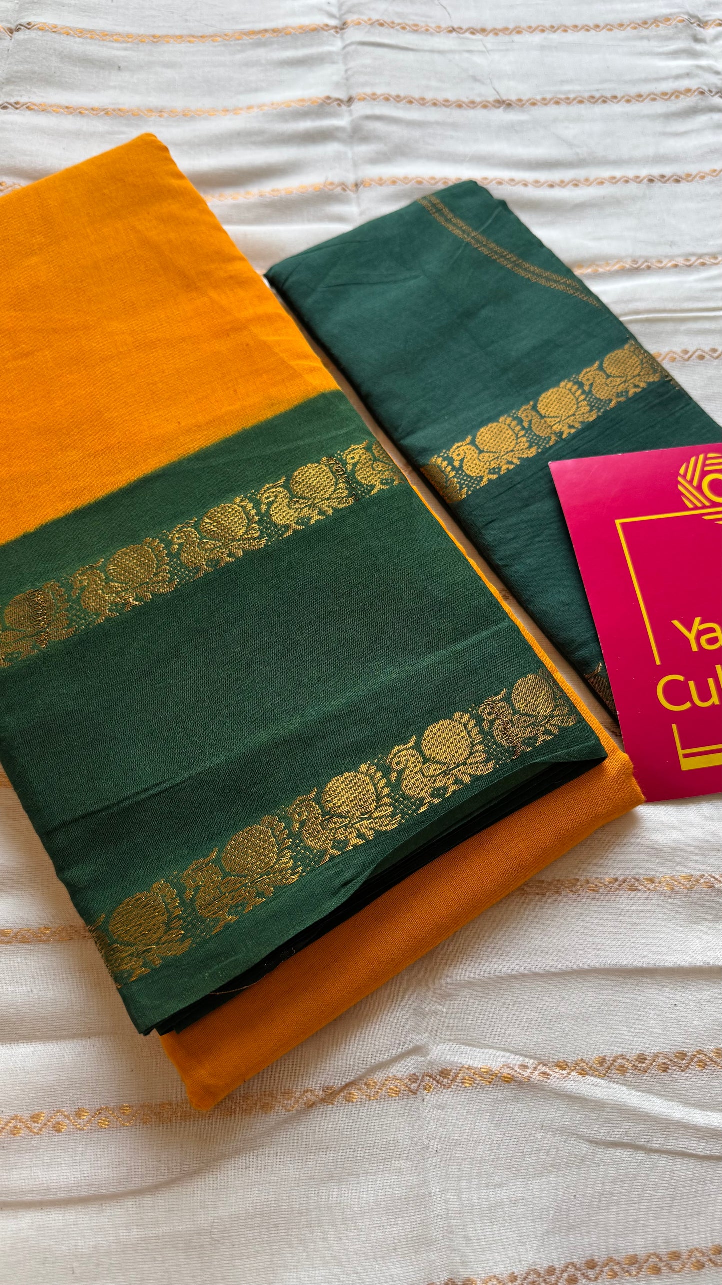 Yellow with green rettaipettu peacock double border, madurai soft cotton - YCCOTNMSAP206
