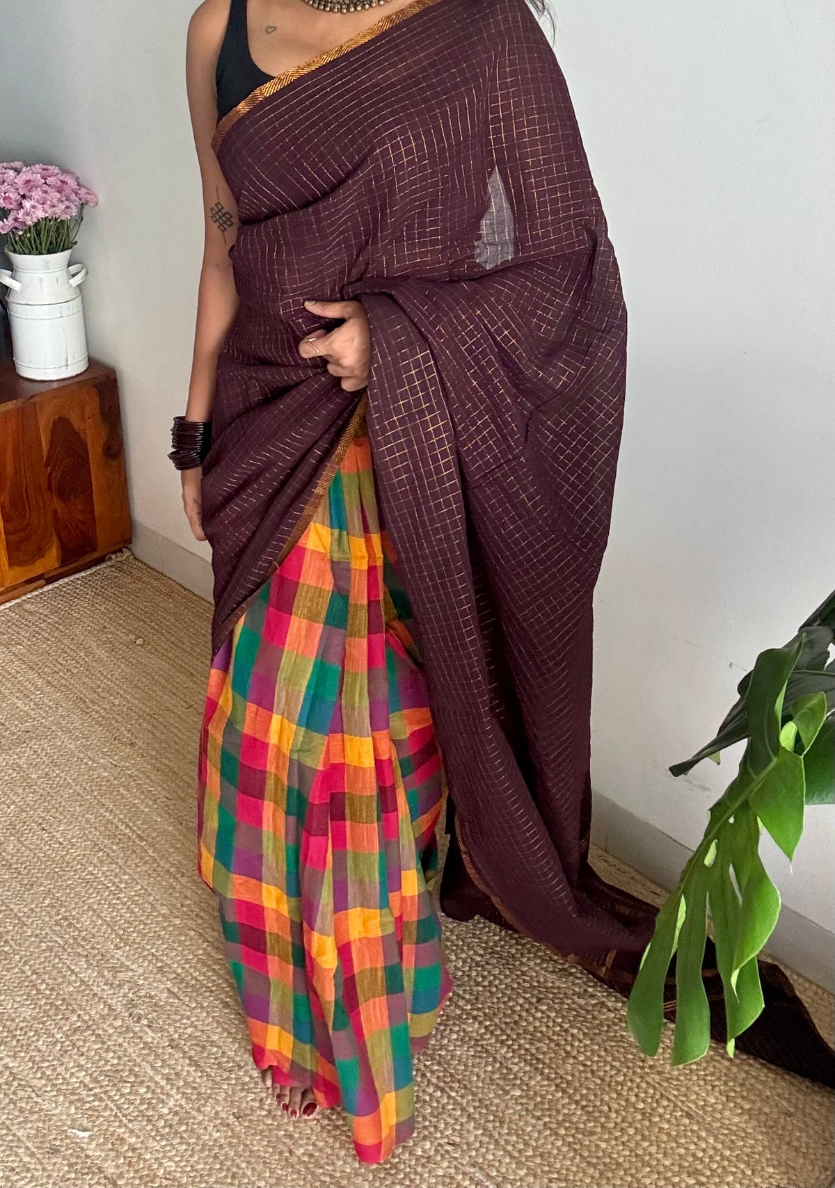 Dark brown mini checks with multicoloured madras checks, cotton half and half saree - YCCOTNIDOC165