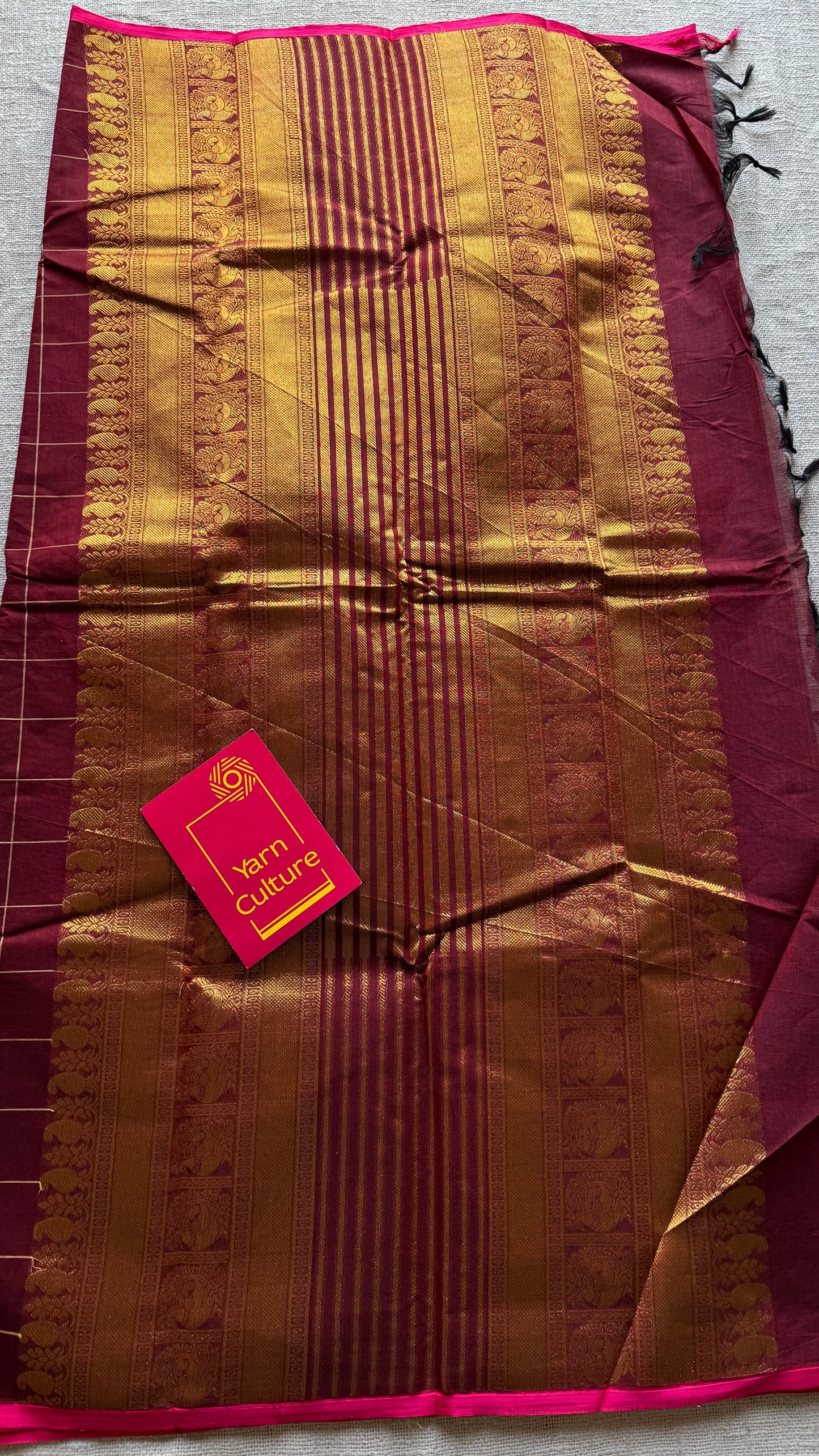 Maroon dual tone checks with peacock motifs, kanchi cotton saree - YCCOTNKCFE337