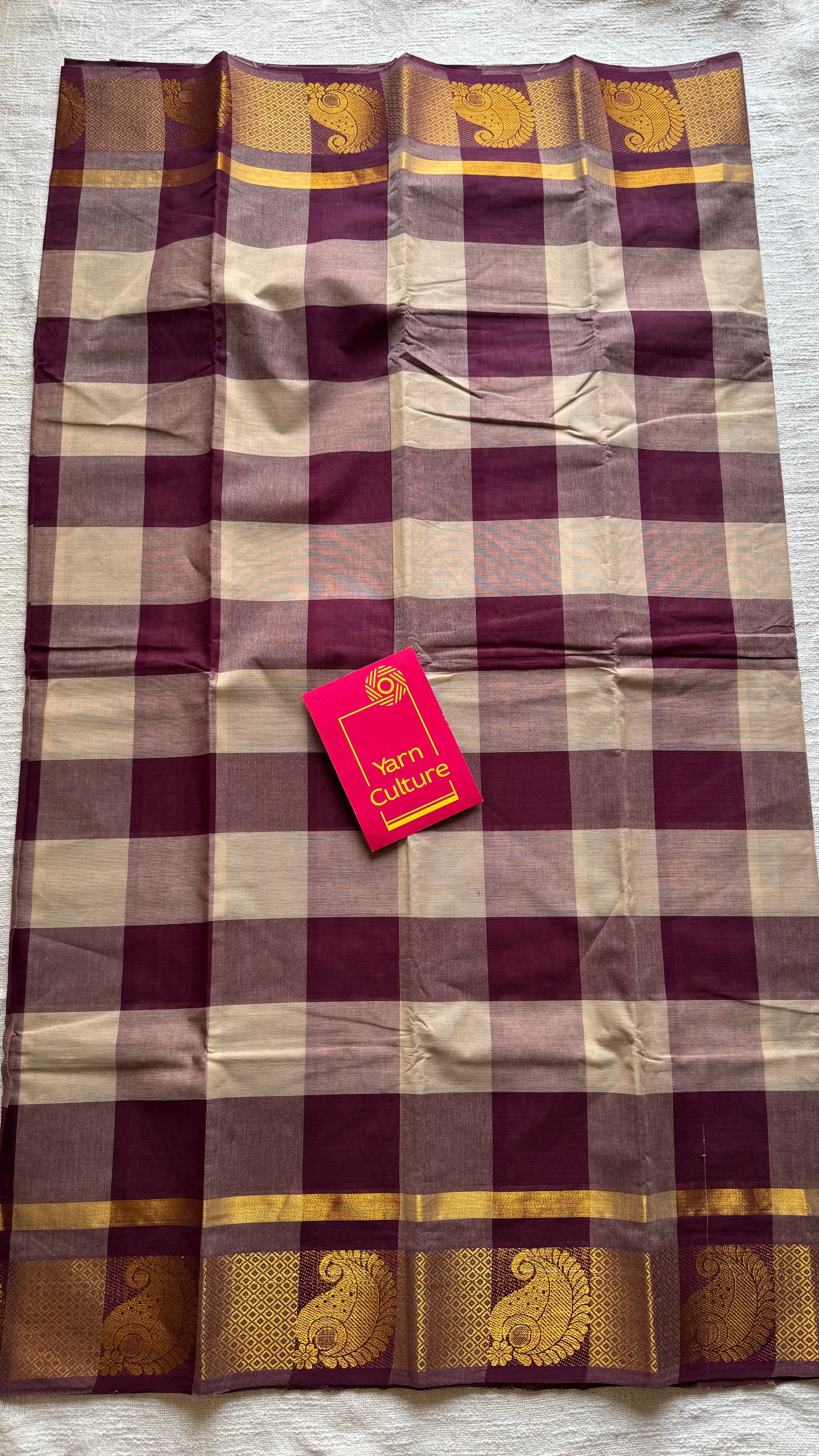 Chettinad cotton saree with cream and maroon checks, paisley motif border - YCCOTNAP63