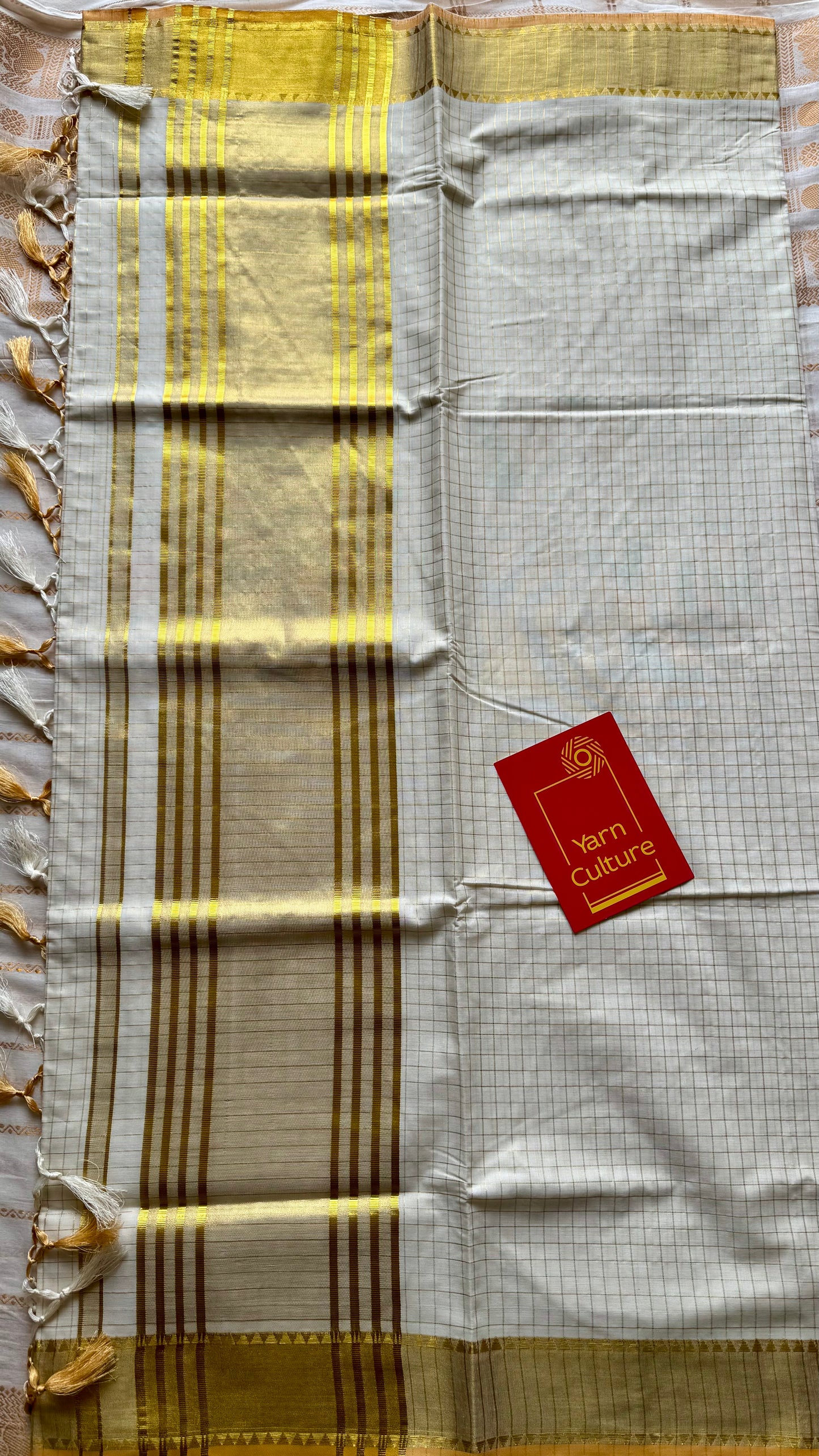 Ivory and gold soft cotton kasavu saree, small checks with temple border - YCIEON70